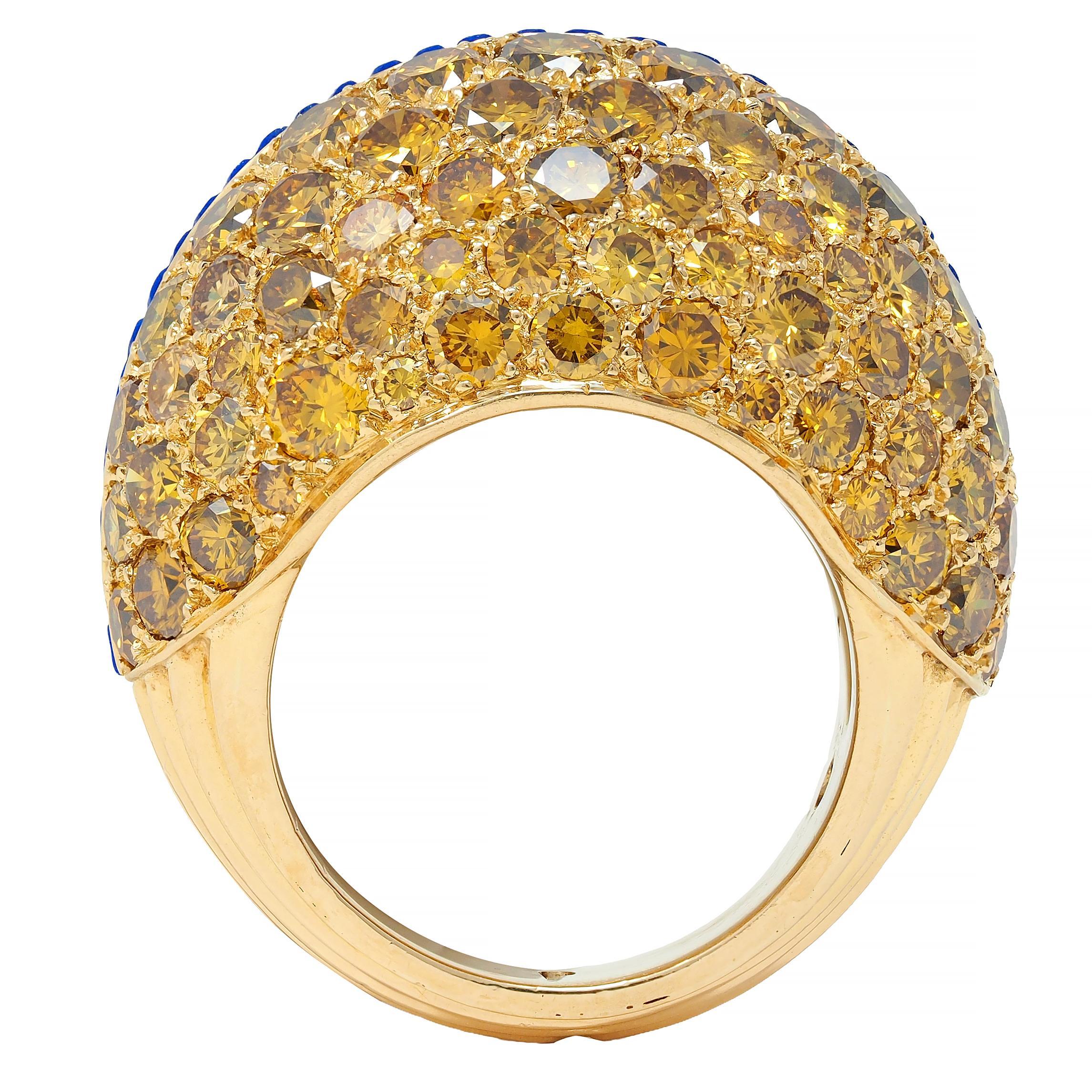 Cartier Paris 1960's 4.62 CTW Yellow Diamond Lapis 18K Gold Vintage Boule Ring In Excellent Condition In Philadelphia, PA