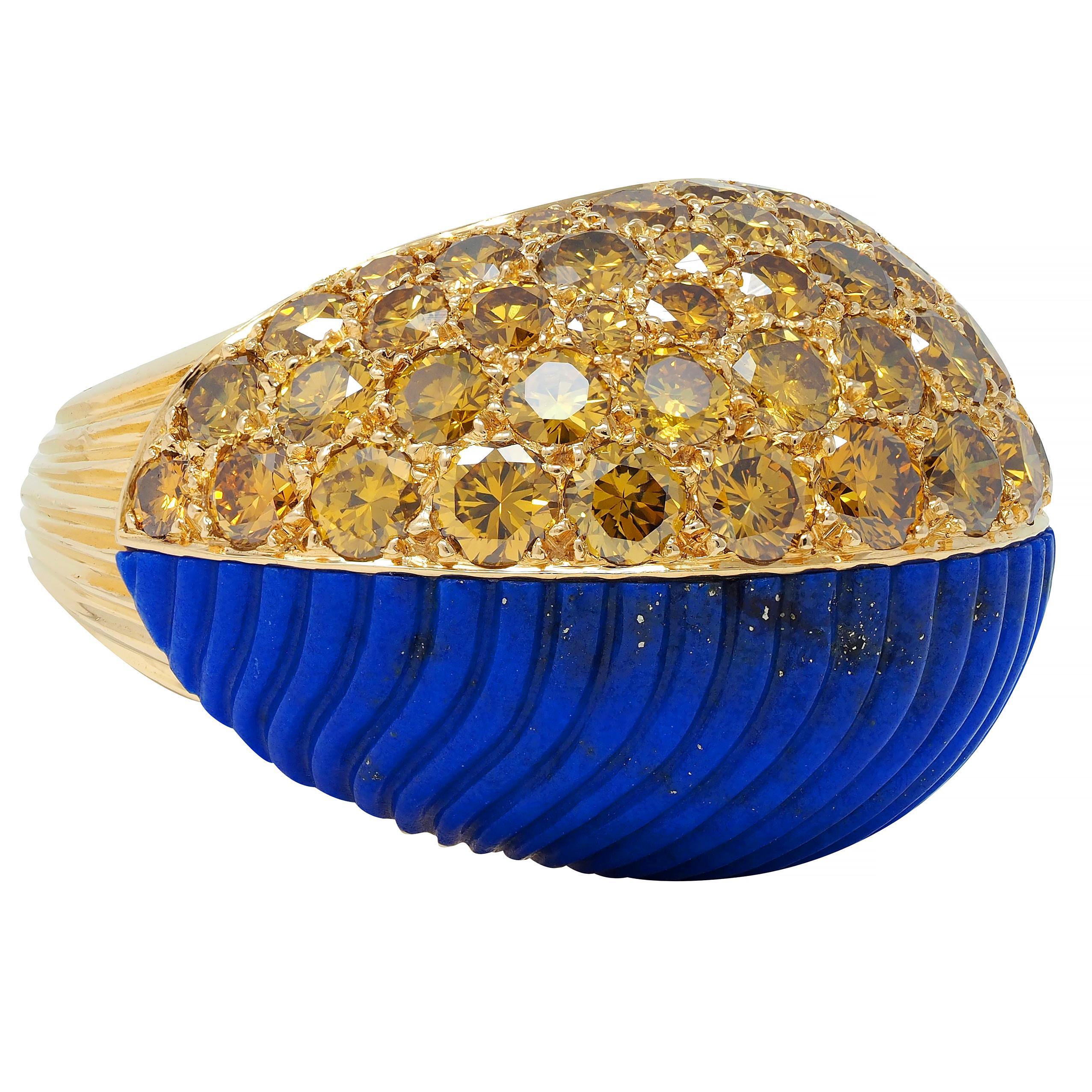 Women's or Men's Cartier Paris 1960's 4.62 CTW Yellow Diamond Lapis 18K Gold Vintage Boule Ring