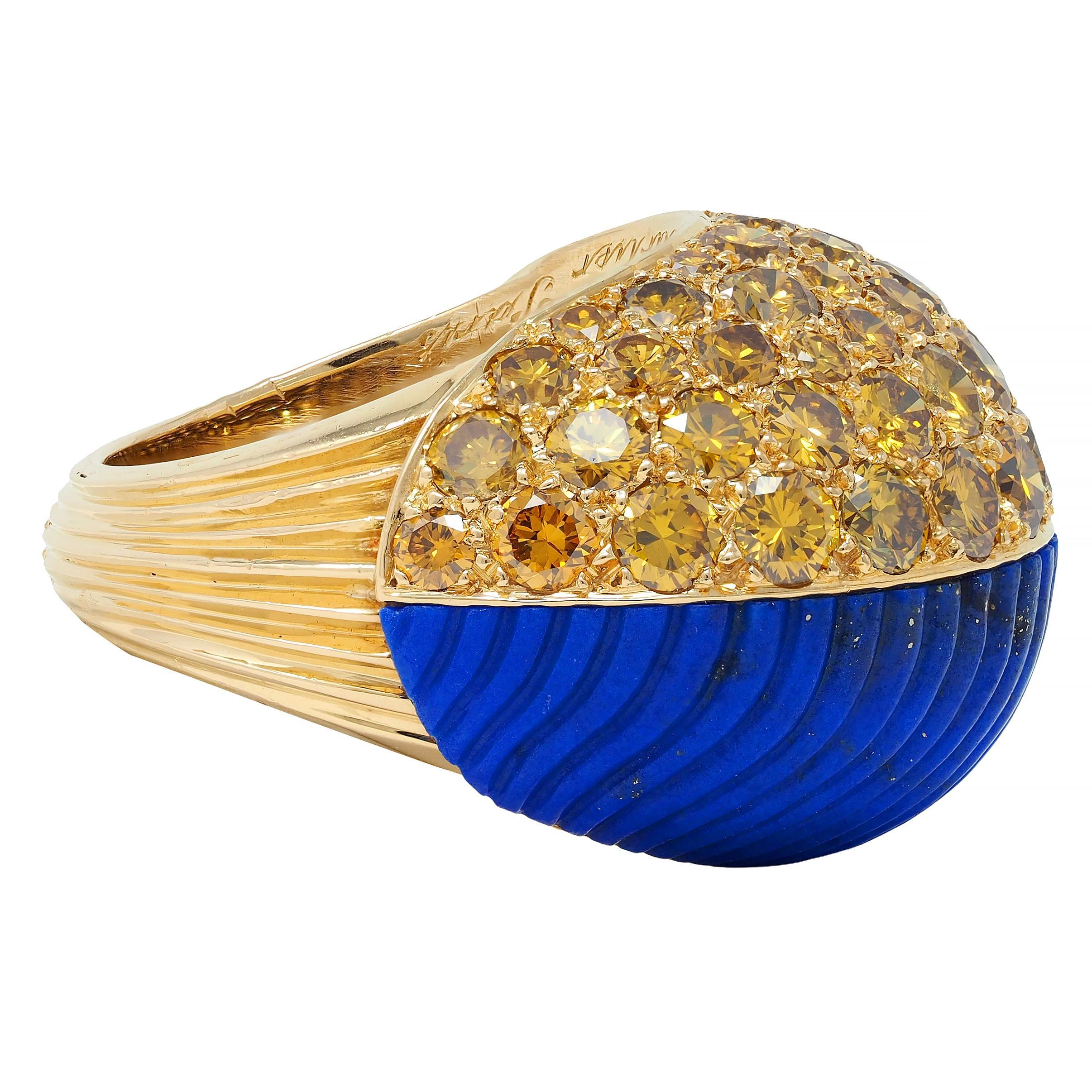 Cartier Paris 1960's 4.62 CTW Yellow Diamond Lapis 18K Gold Vintage Boule Ring 1