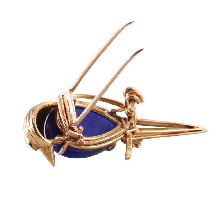Broche Vintage En Métal Doré Avec Pierre De Lapis-lazuli