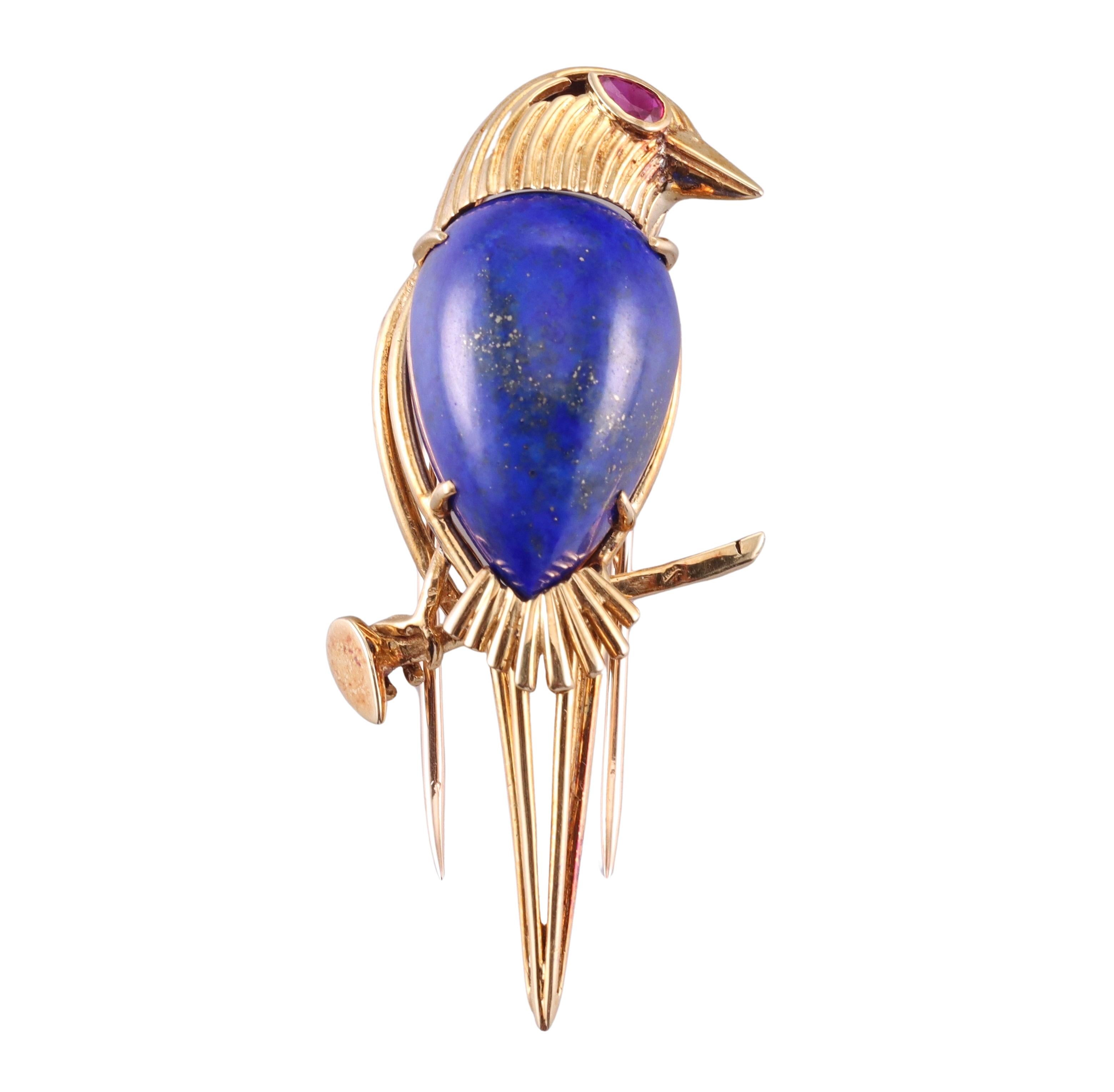 Pear Cut Cartier Paris 1960s Lapis Lazuli Ruby Gold Bird Brooch Pin For Sale