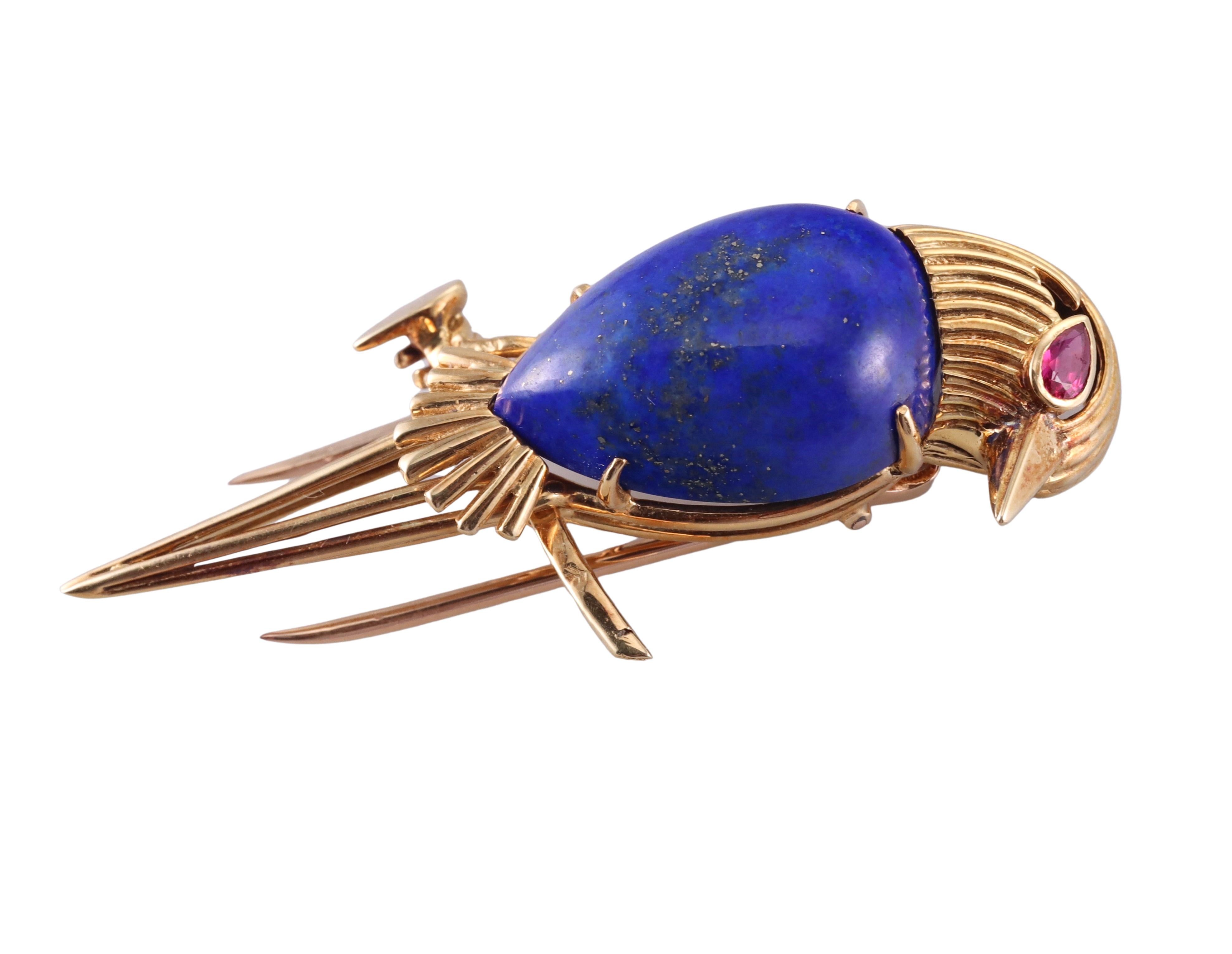 Cartier Paris 1960s Lapis Lazuli Ruby Gold Bird Brooch Pin In Excellent Condition For Sale In New York, NY
