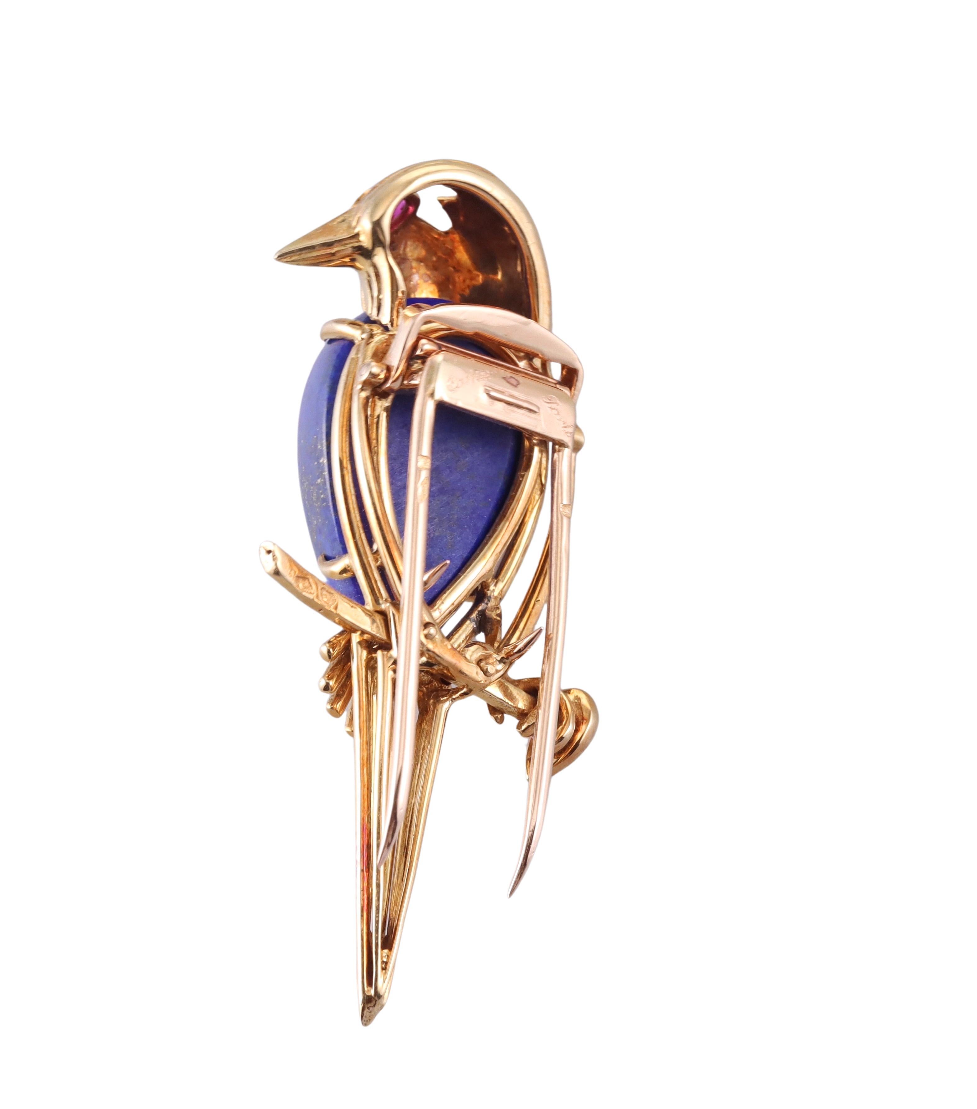 Women's Cartier Paris 1960s Lapis Lazuli Ruby Gold Bird Brooch Pin For Sale