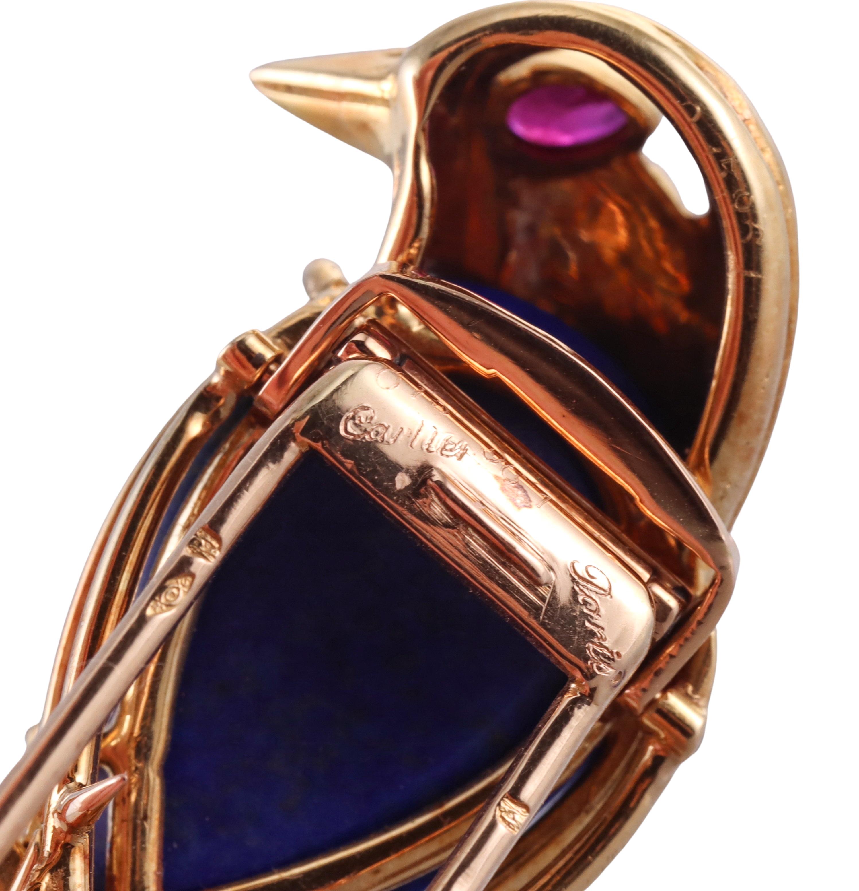 Cartier Paris 1960s Lapis Lazuli Ruby Gold Bird Brooch Pin For Sale 1