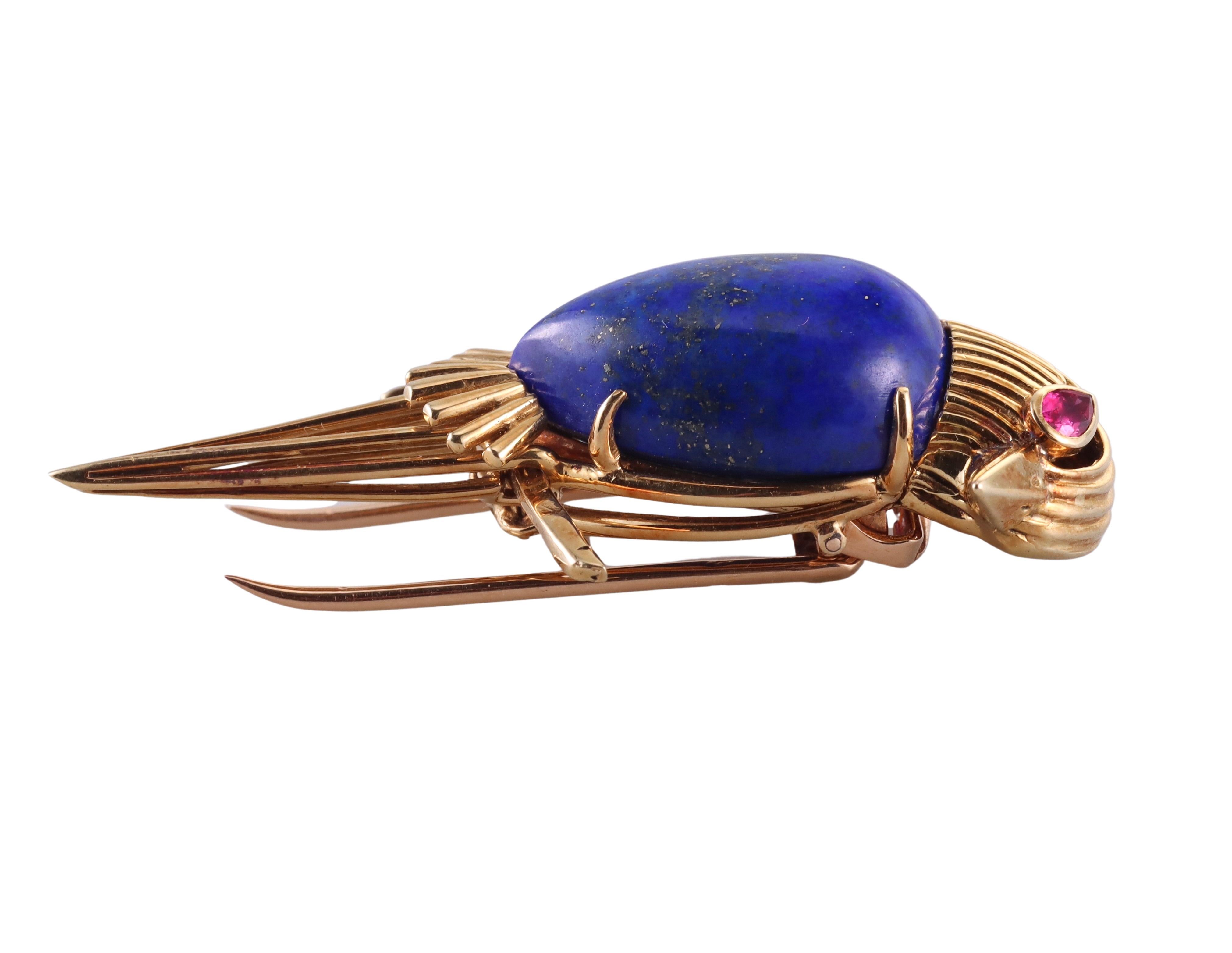 Cartier Paris 1960s Lapis Lazuli Ruby Gold Bird Brooch Pin For Sale 2