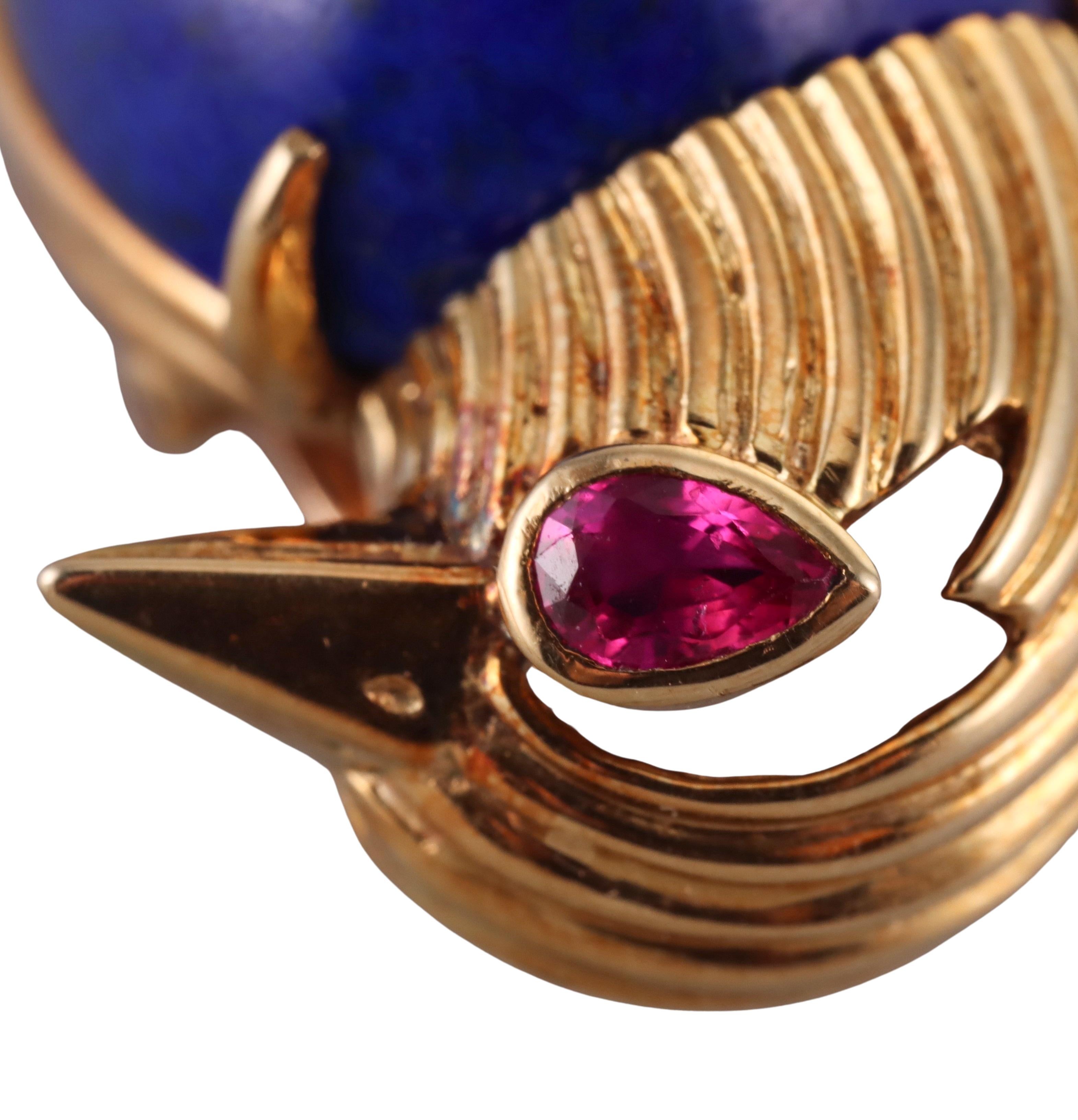 Cartier Paris 1960s Lapis Lazuli Ruby Gold Bird Brooch Pin For Sale 3