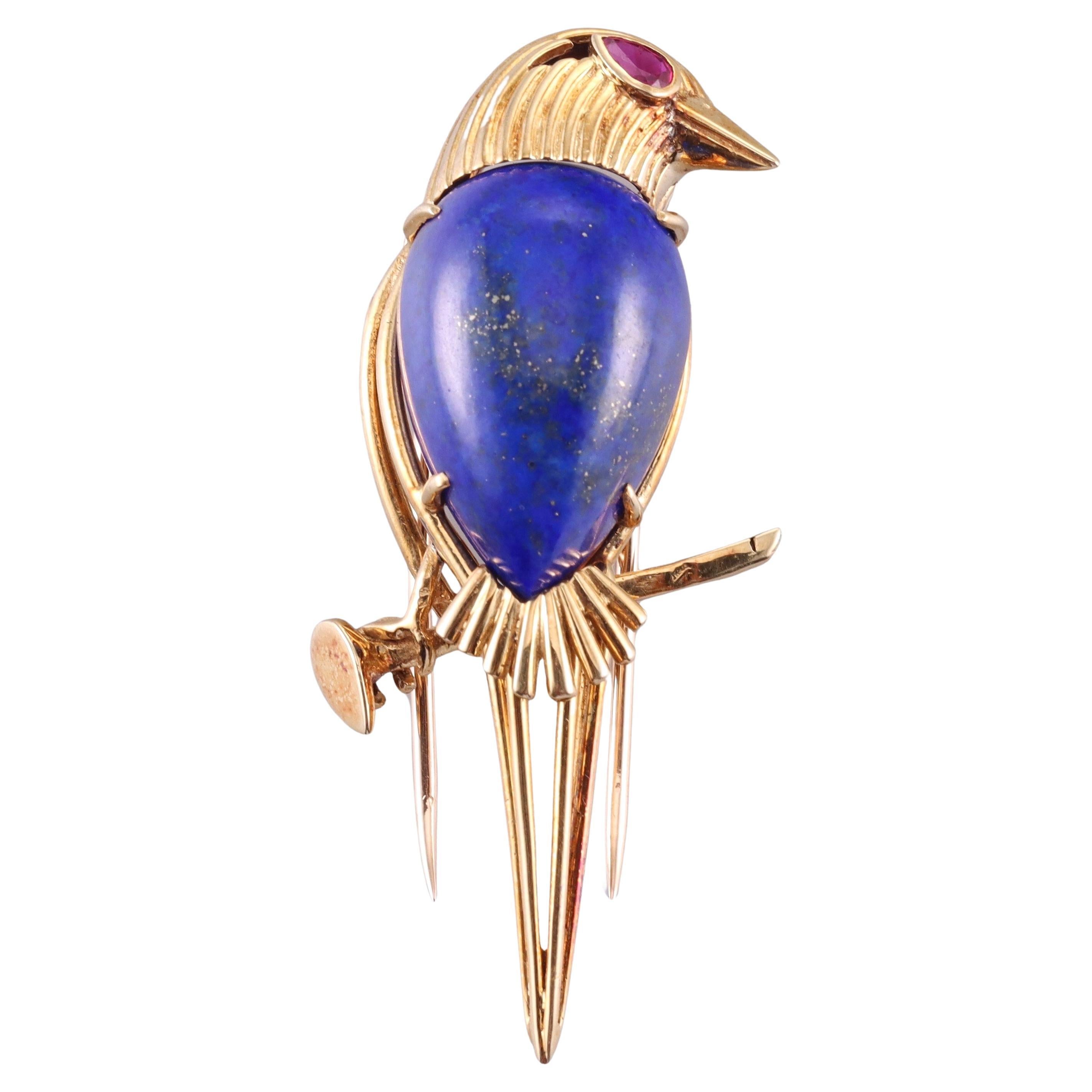 Cartier Paris 1960s Lapis Lazuli Ruby Gold Bird Brooch Pin For Sale