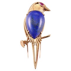 Vintage Cartier Paris 1960s Lapis Lazuli Ruby Gold Bird Brooch Pin