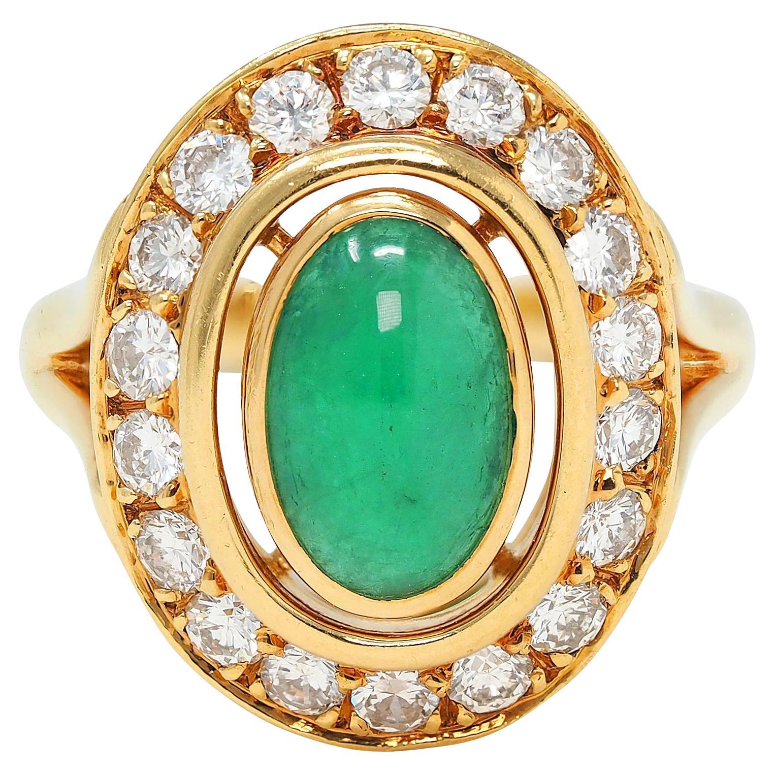 Cartier Paris 1960's Modern Cabochon Emerald Diamond 18K Vintage Halo Ring