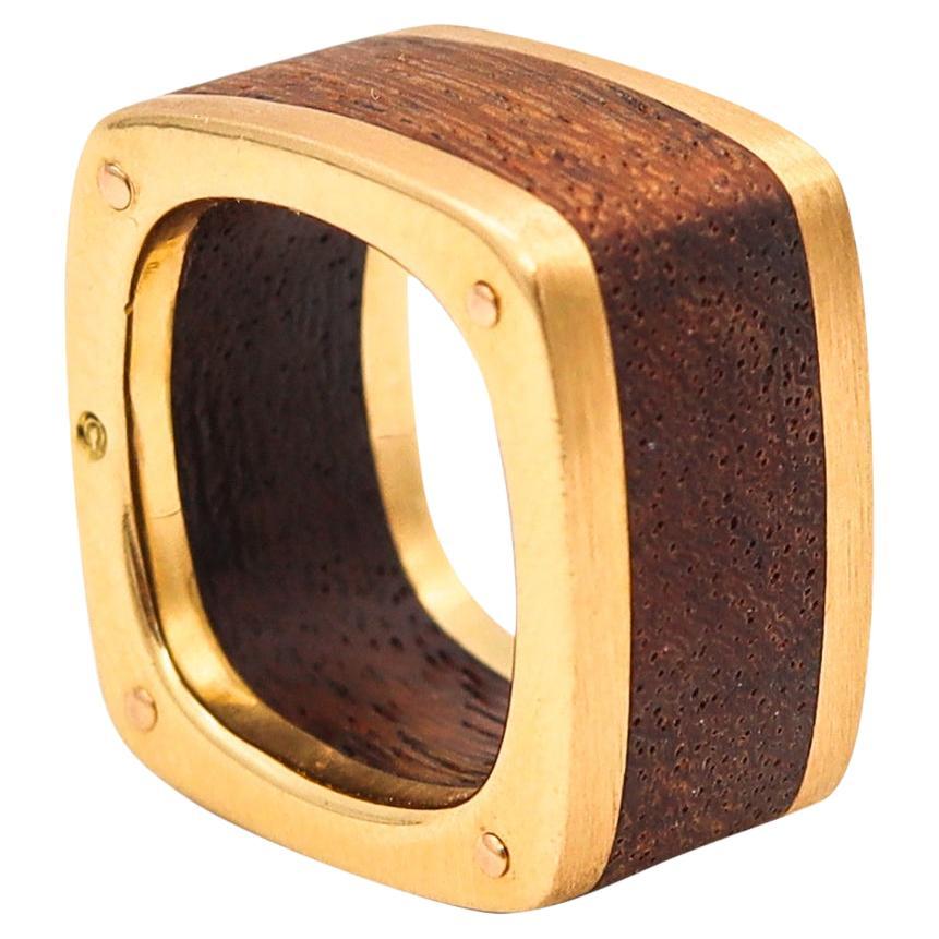 Cartier Paris 1970 Dinh Van Squared Ring in 18 Kt Yellow Gold with Rose Wood