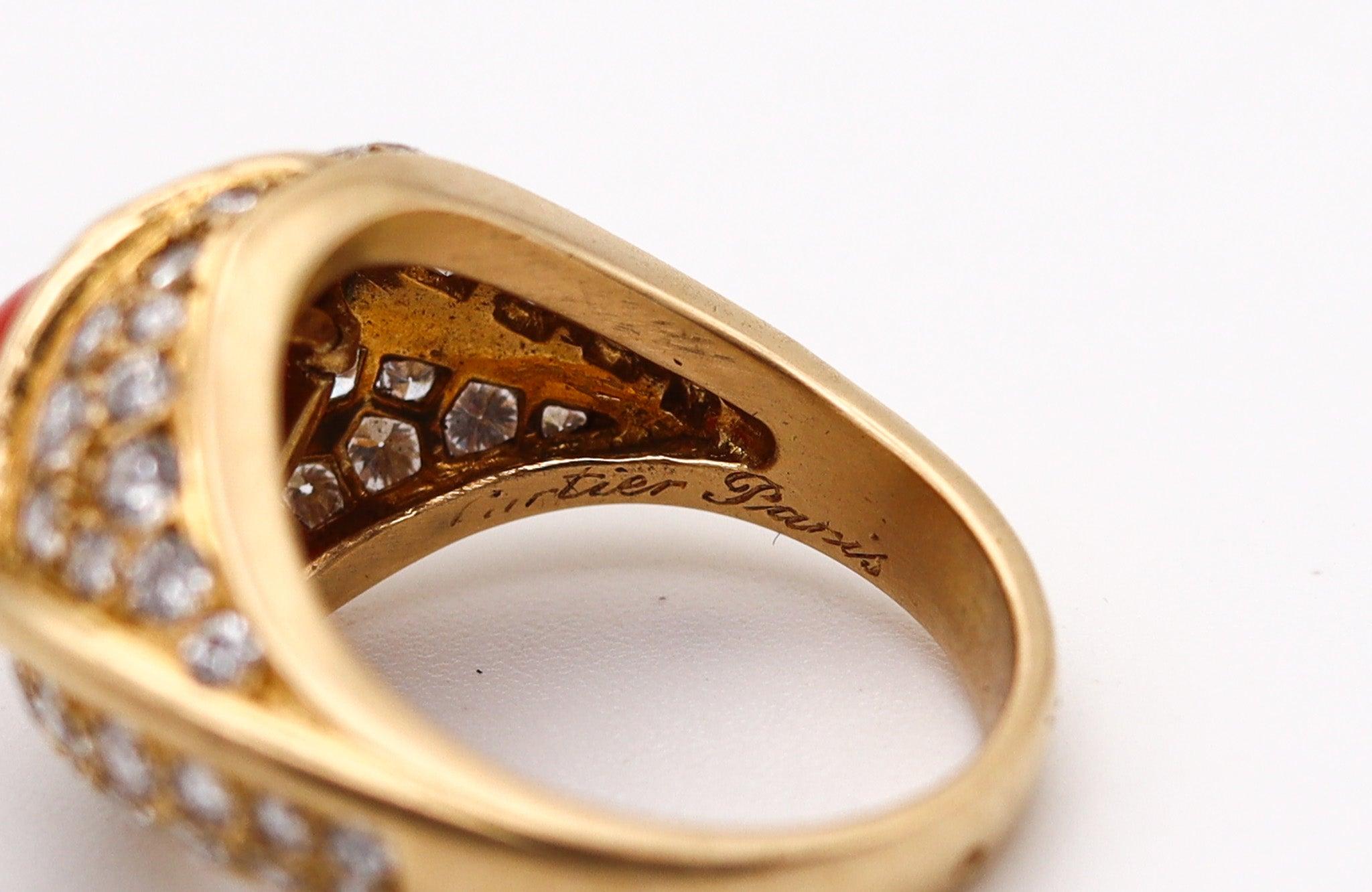 CARTIER Paris 1970 Ring In 18Kt Yellow Gold With 6.23 Cts In Diamonds & Coral For Sale 4