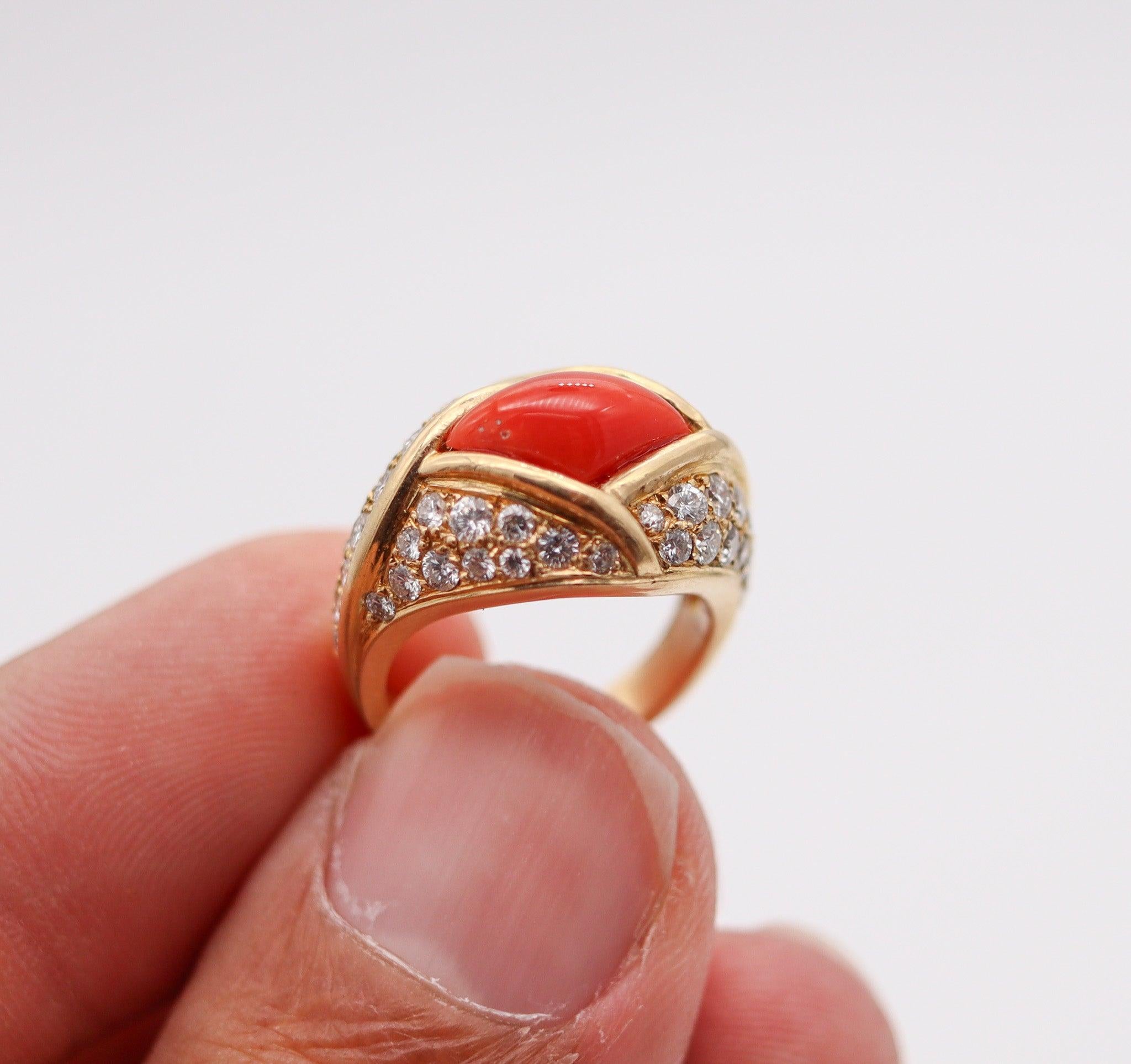 CARTIER Paris 1970 Ring In 18Kt Yellow Gold With 6.23 Cts In Diamonds & Coral For Sale 5