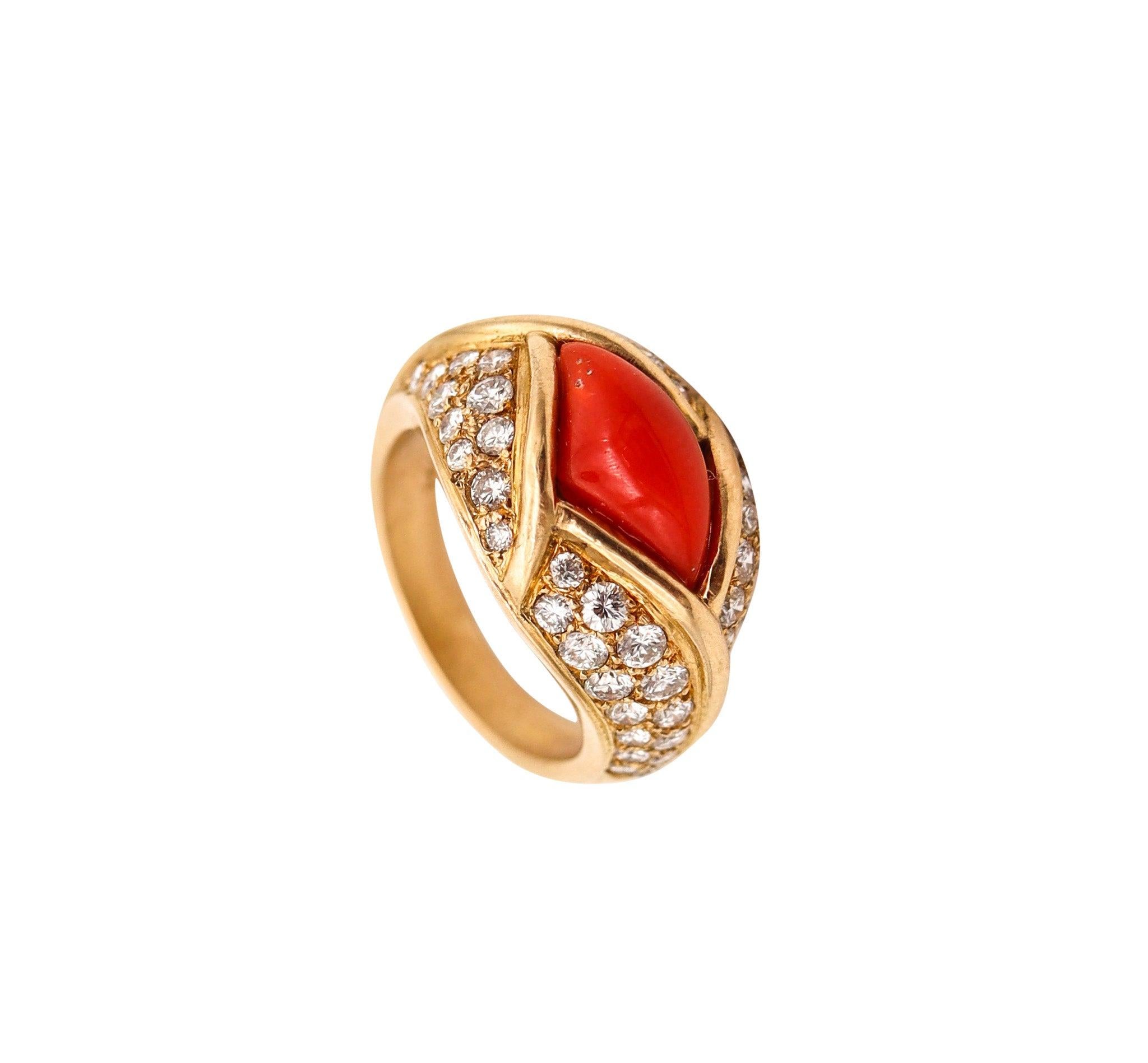 CARTIER Paris 1970 Ring In 18Kt Yellow Gold With 6.23 Cts In Diamonds & Coral For Sale 6