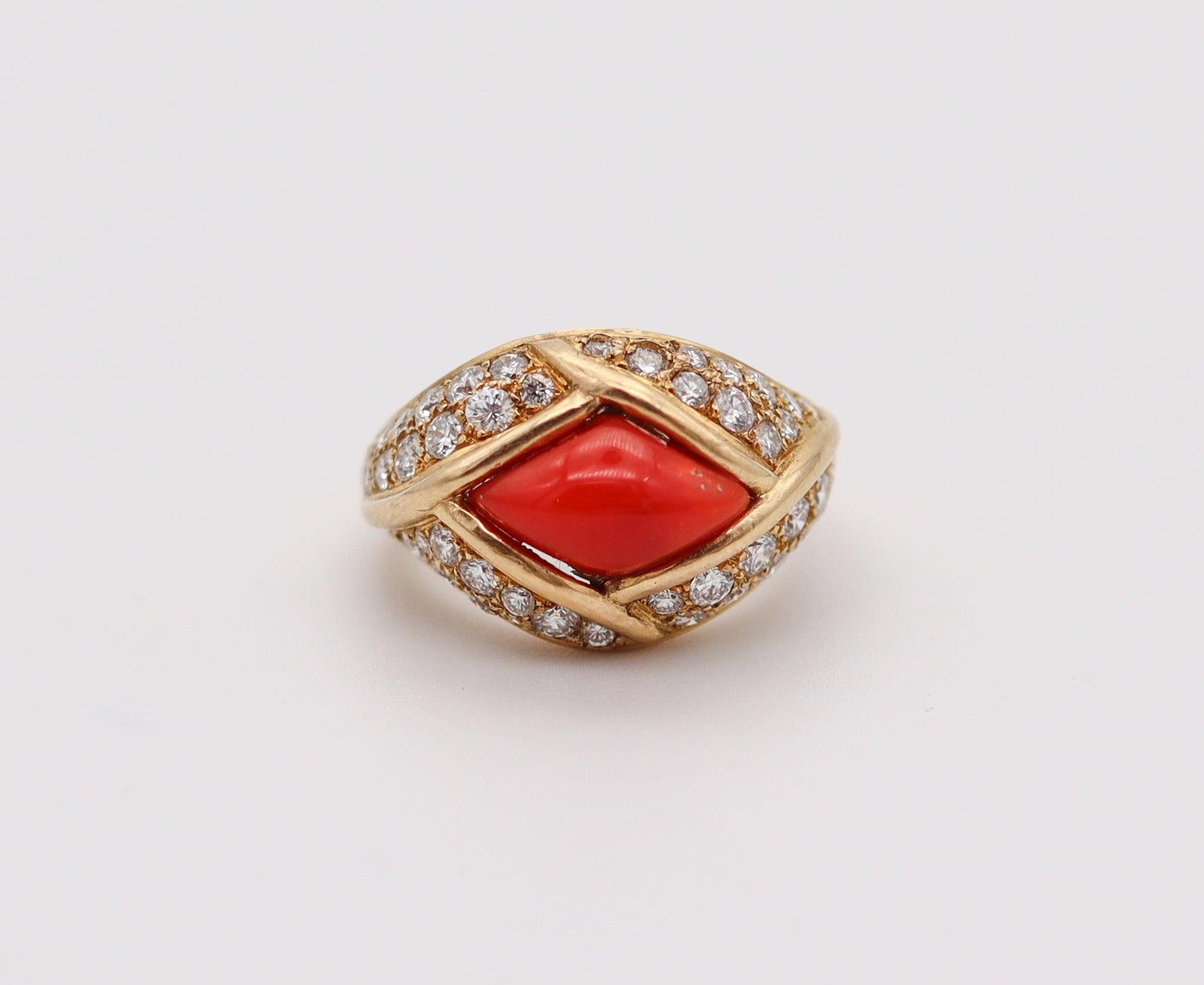 Cabochon CARTIER Paris 1970 Ring In 18Kt Yellow Gold With 6.23 Cts In Diamonds & Coral For Sale