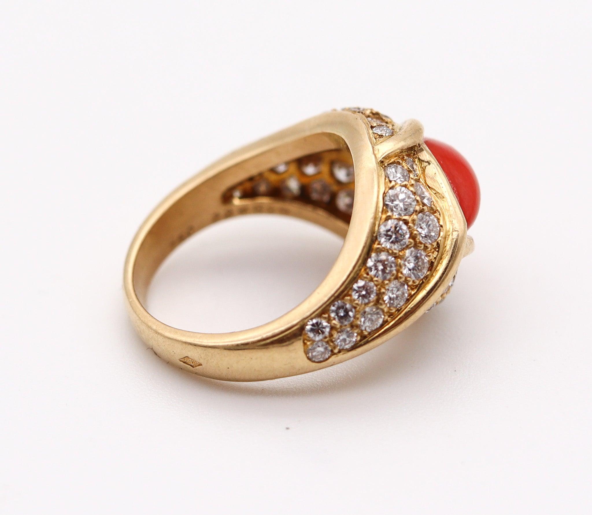 CARTIER Paris 1970 Ring In 18Kt Yellow Gold With 6.23 Cts In Diamonds & Coral For Sale 1