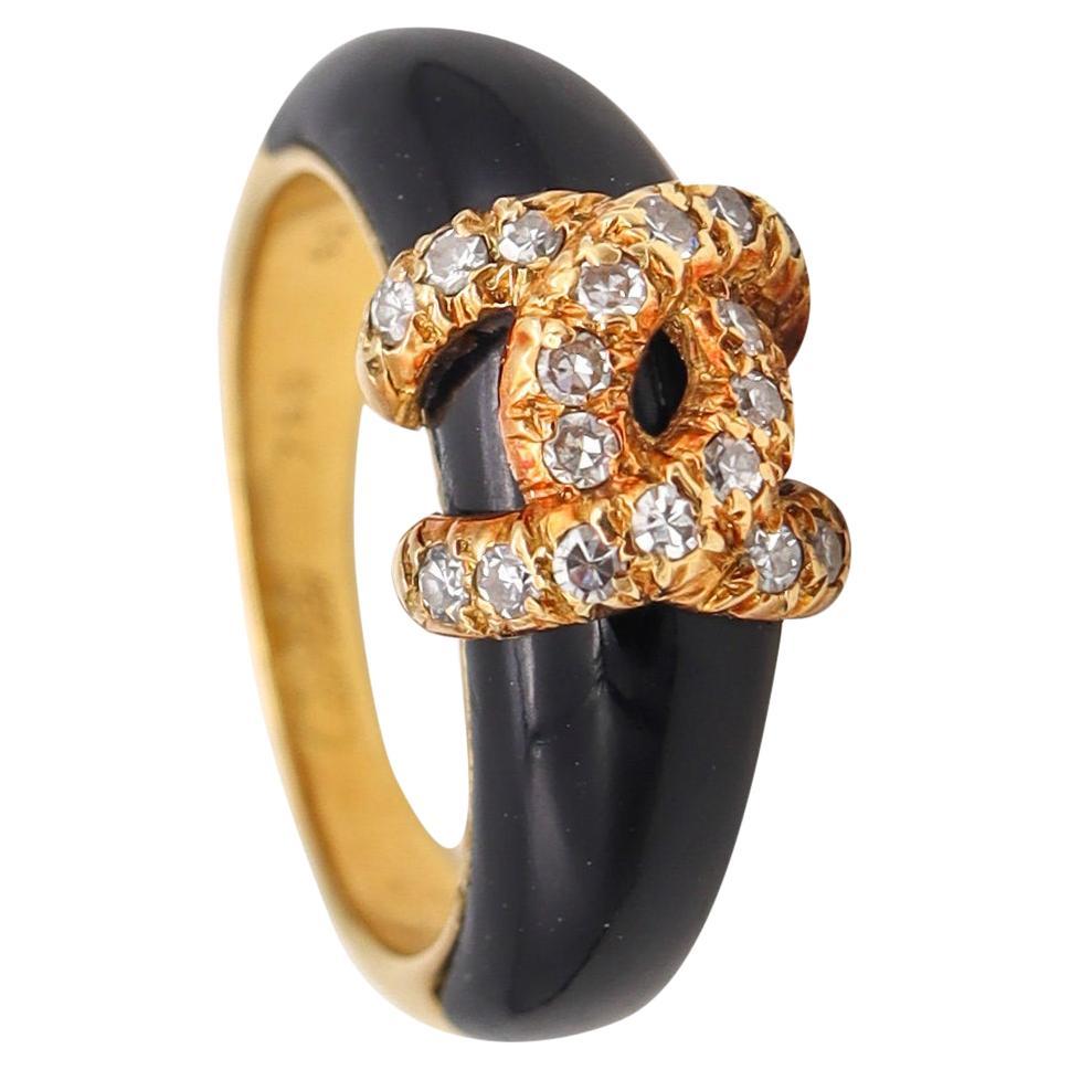Cartier Paris 1970 Vintage C Ring in 18Kt Yellow Gold with Diamonds and Onyx