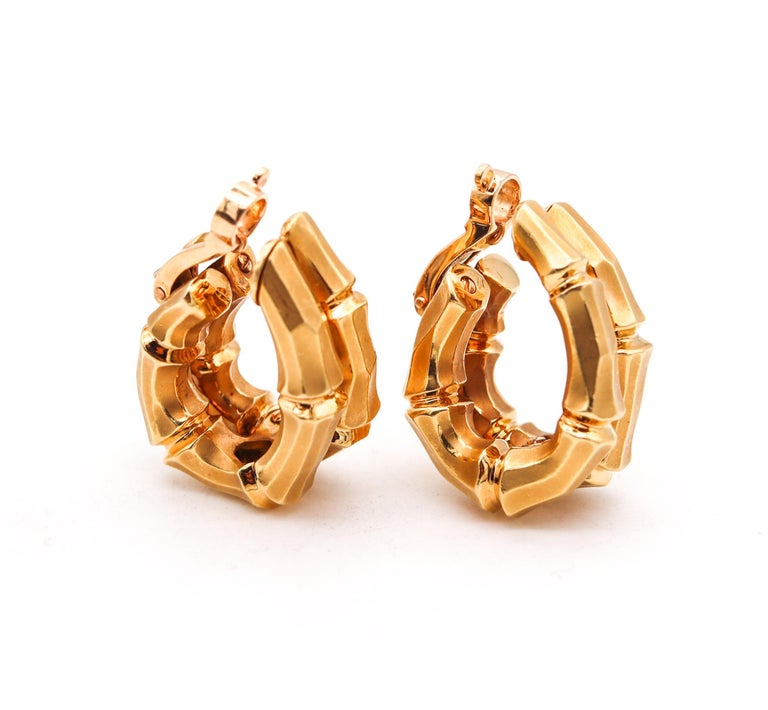 Modernist Cartier Paris 1970 Vintage Double Bamboo Hoop Clips Earrings in 18Kt Yellow Gold