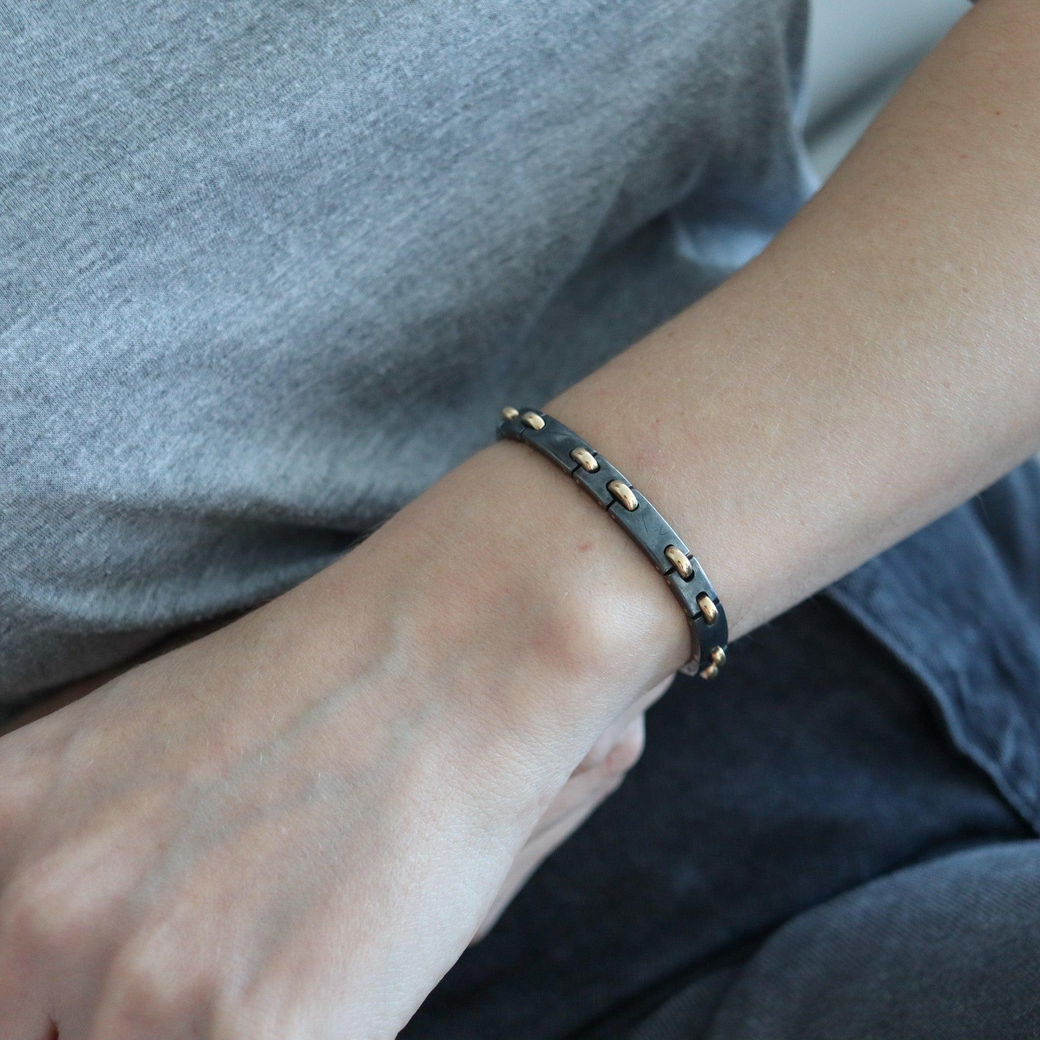 Silverium and gold bracelet designed by Cartier.

This rare bracelet was created in Paris France by the jewelry house of Cartier, back in the 1970's. This linear bracelet is very rare and actually a collector's item from the Silverium collection.