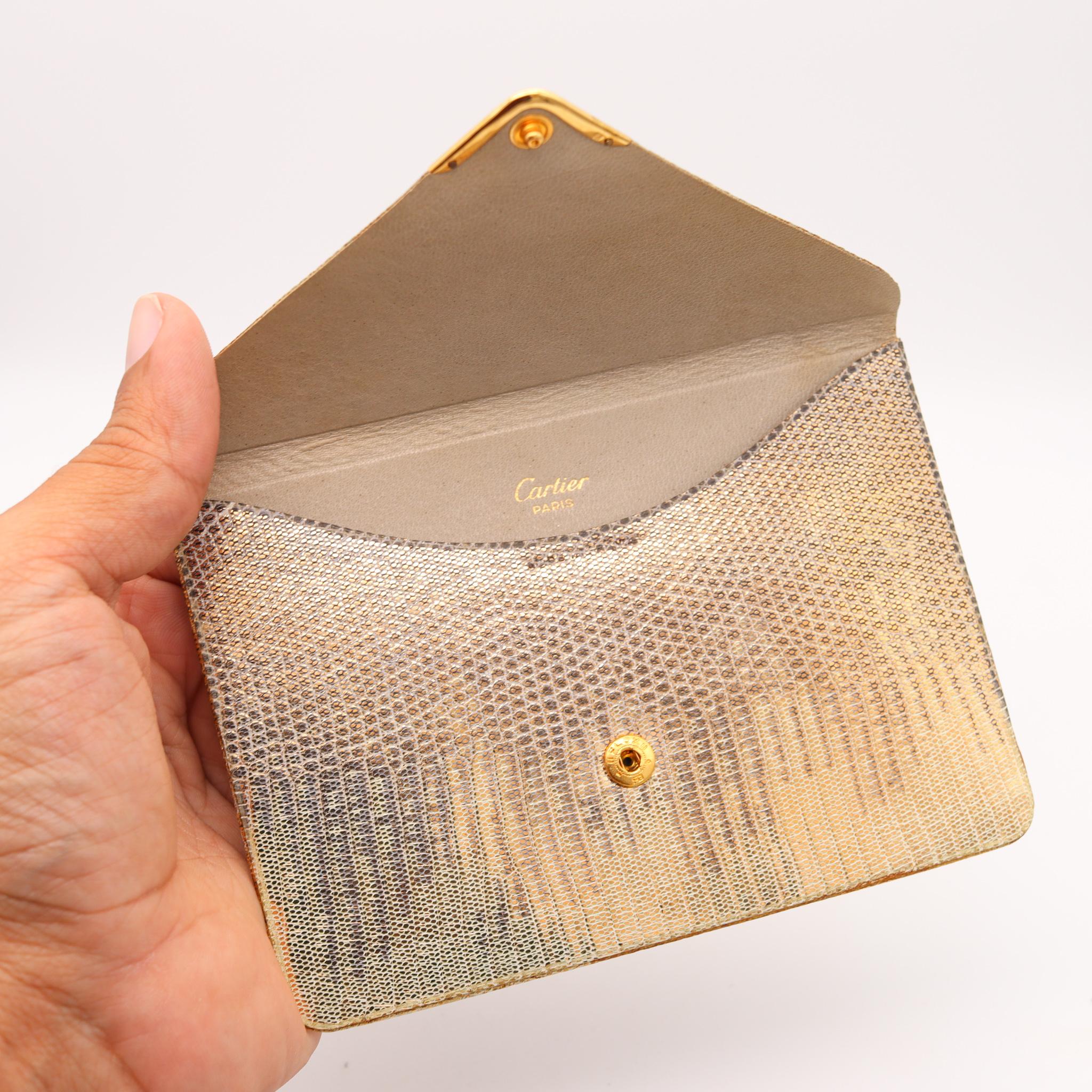 Mid-Century Modern Cartier Paris 1970 Wallet Minaudiere in Iridescent Lizard 18k Gold & Sapphire