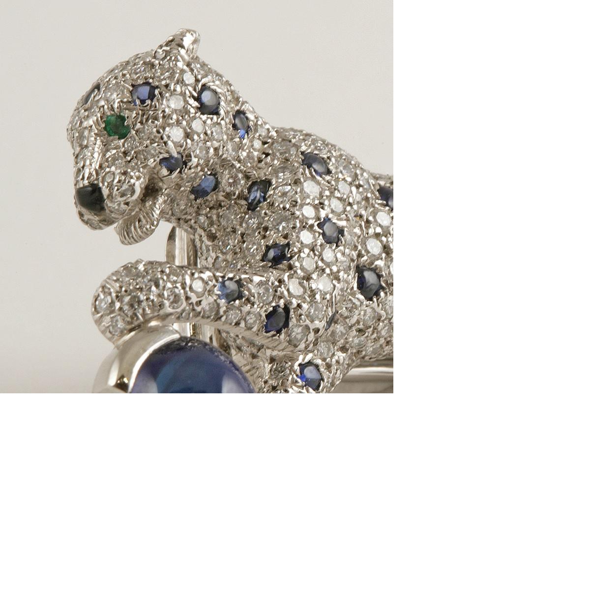 Cartier Paris 1980s Diamond, Sapphire and Platinum 'Panthère' Brooch 1