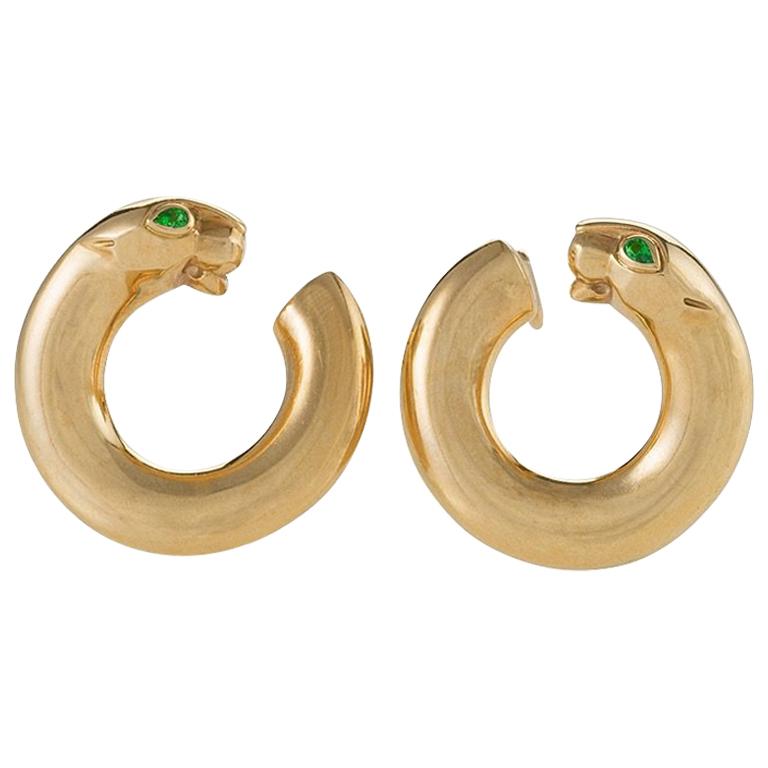 Cartier Paris 1990s Emerald and Gold Panther Hoop Earrings