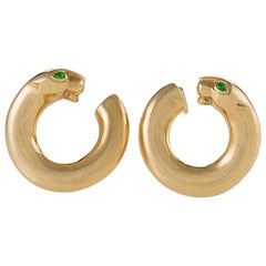 Retro Cartier Paris 1990s Emerald and Gold Panther Hoop Earrings