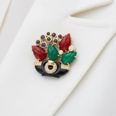 Cartier Paris 1991 Revival "Tabriz Collection" Basket Diamond, Chalcedony Brooch