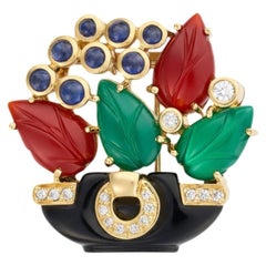 Cartier Paris 1991 Revival "Tabriz Collection" Basket Diamond, Chalcedony Brooch