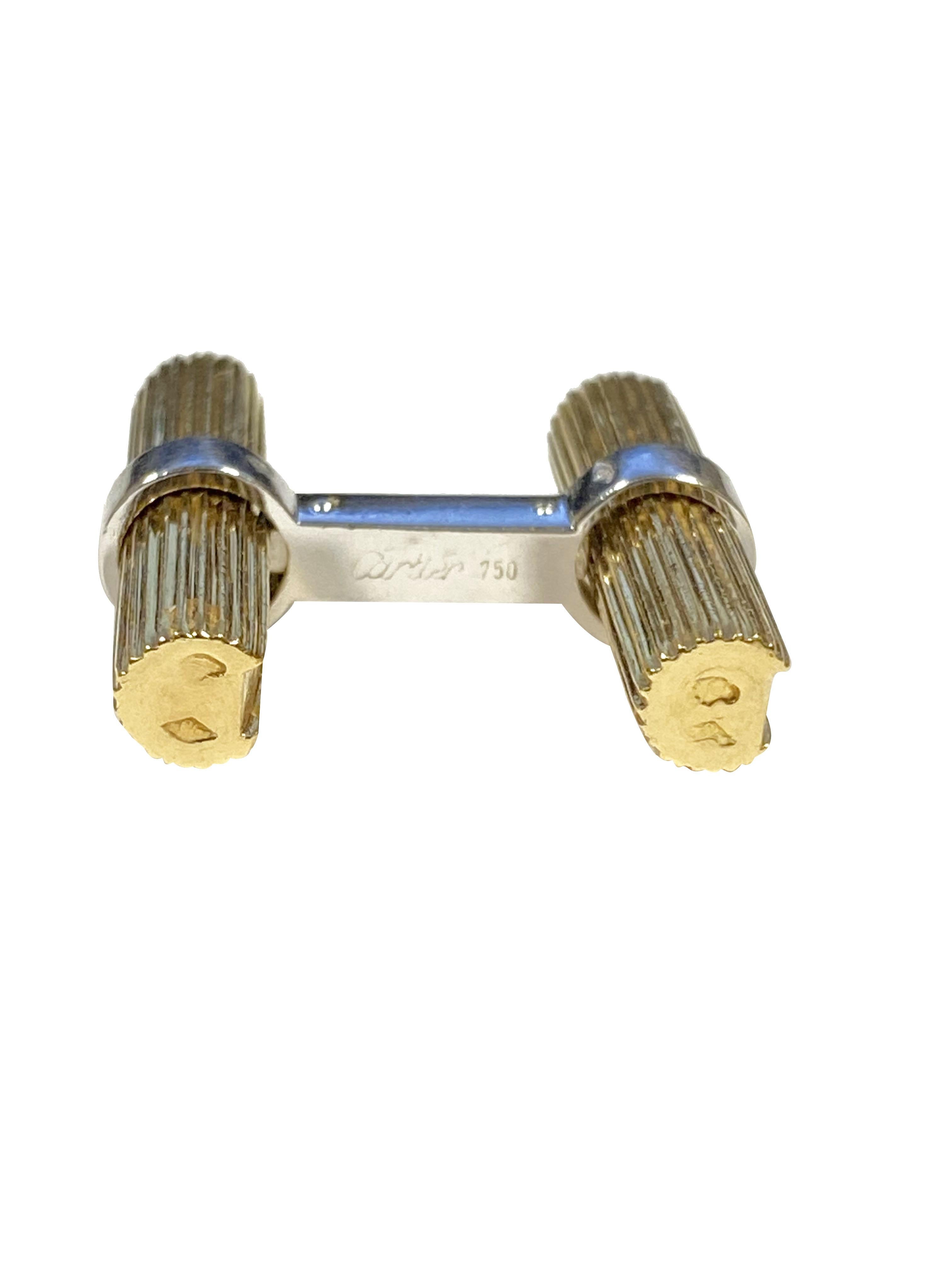Cartier Paris 2 Tone Gold Ribbed Bar Cufflinks In Excellent Condition In Chicago, IL