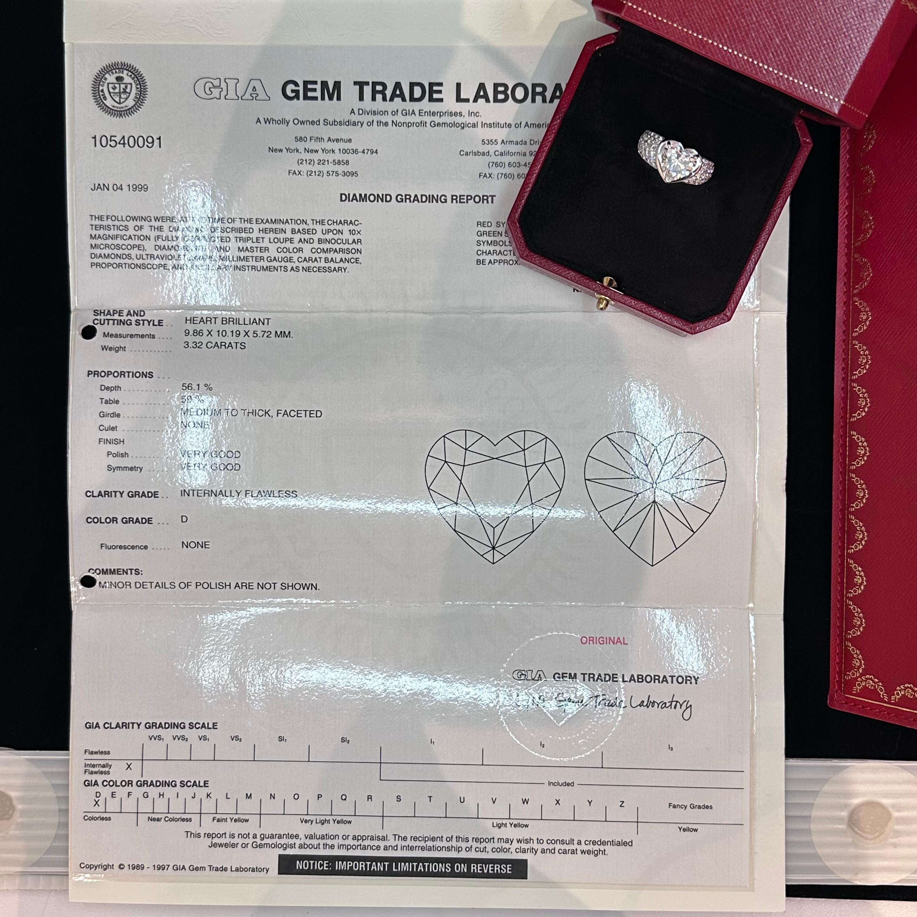 Taille cœur Cartier Paris, bague sans défaut en diamants 3,32 carats D  en vente
