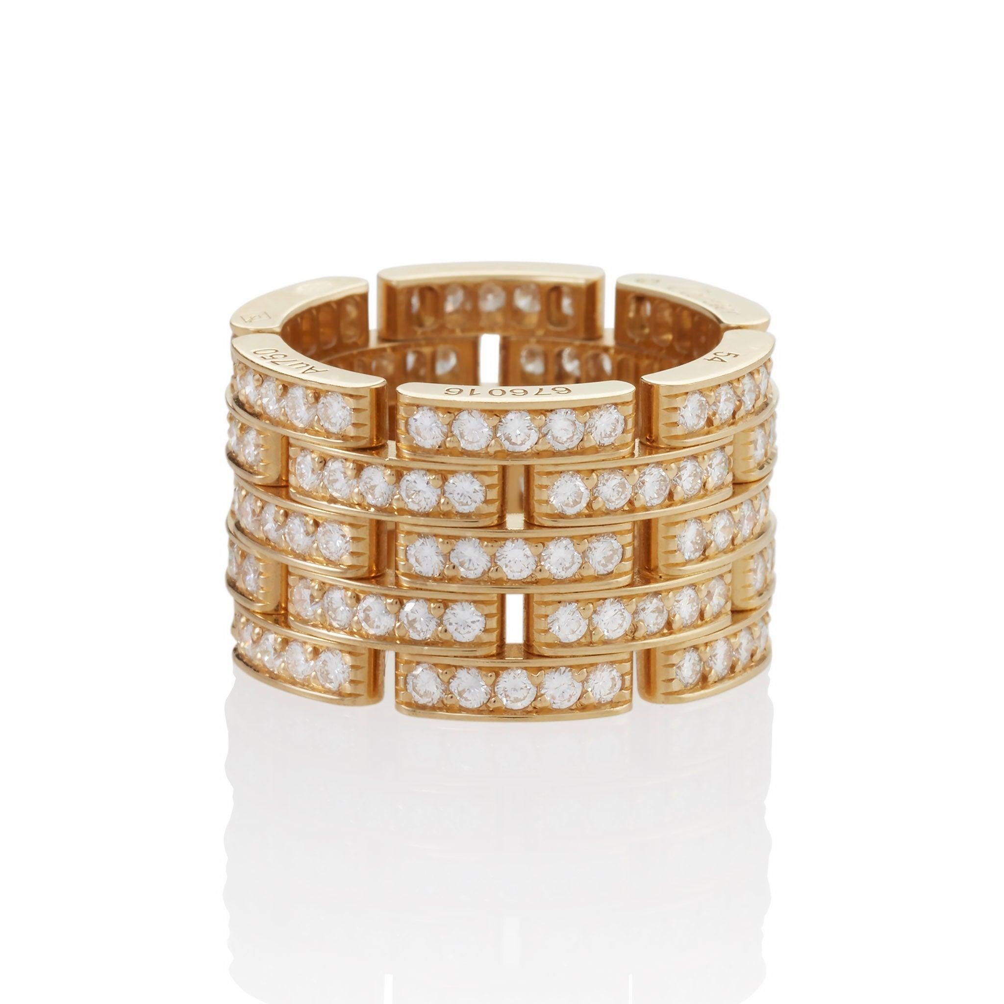This contemporary 5-row “Panthère” ring by Cartier Paris is composed of 18K yellow gold and diamonds. The wide band is designed as interlocking brick-work links pave-set with 150 round brilliant-cut diamonds with an approximate total weight of 2.60