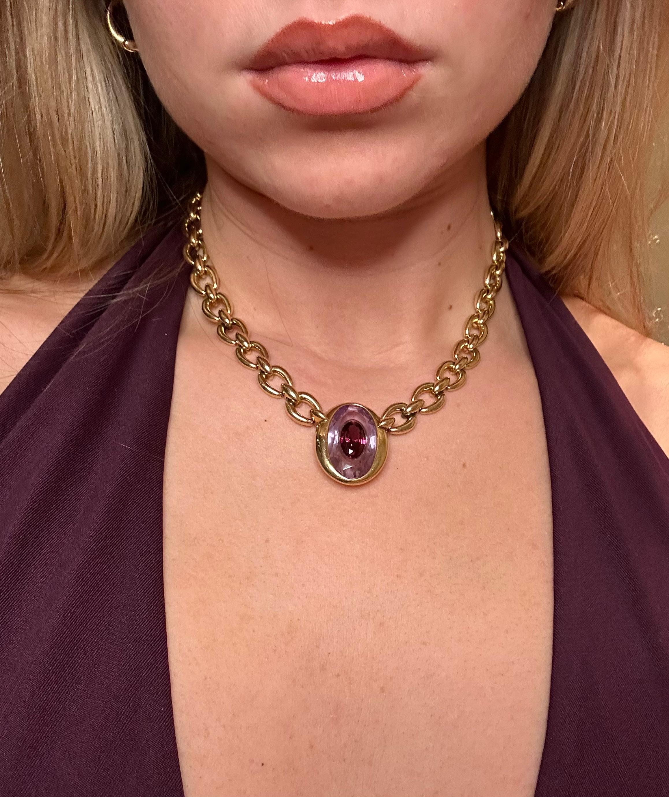 Cartier Paris Amethyst Garnet Invisible Set Pendant Necklace in 18K Yellow Gold 9