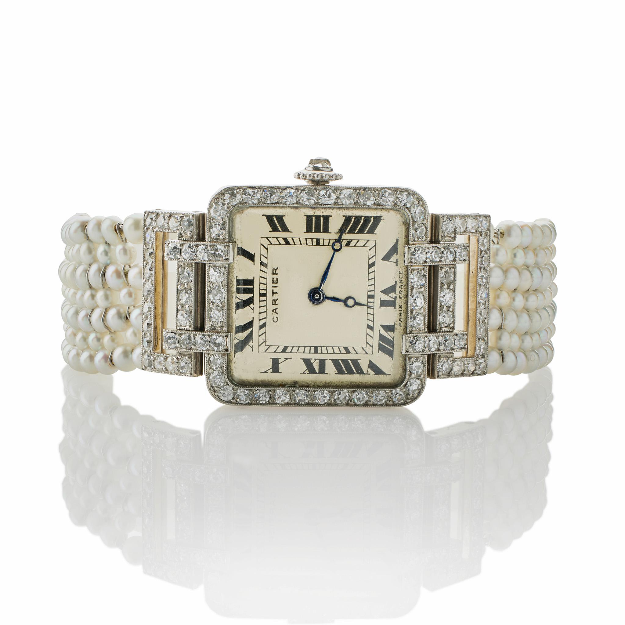 Cartier Paris und Edmond Jaeger Saatperlen- und Diamant-Armbanduhr (Art déco) im Angebot