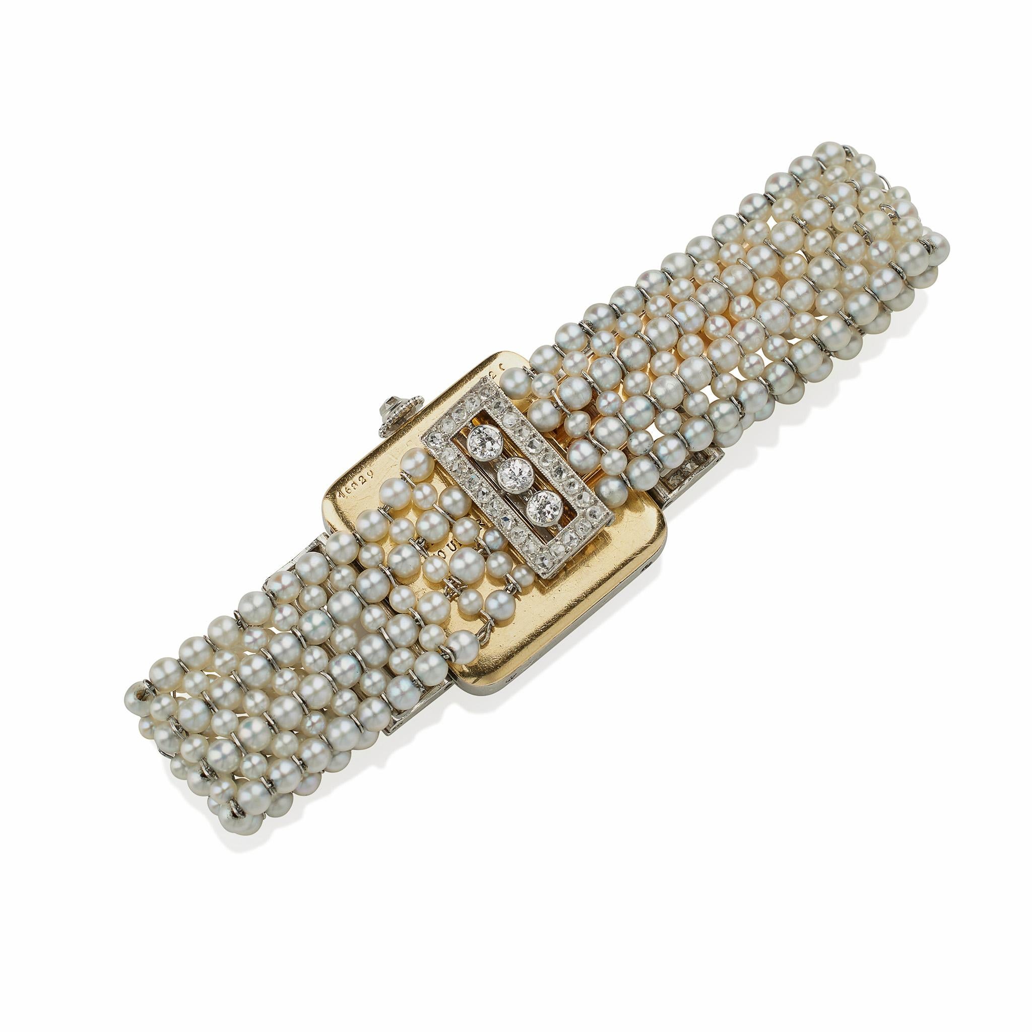 Cartier Paris und Edmond Jaeger Saatperlen- und Diamant-Armbanduhr (Perle) im Angebot