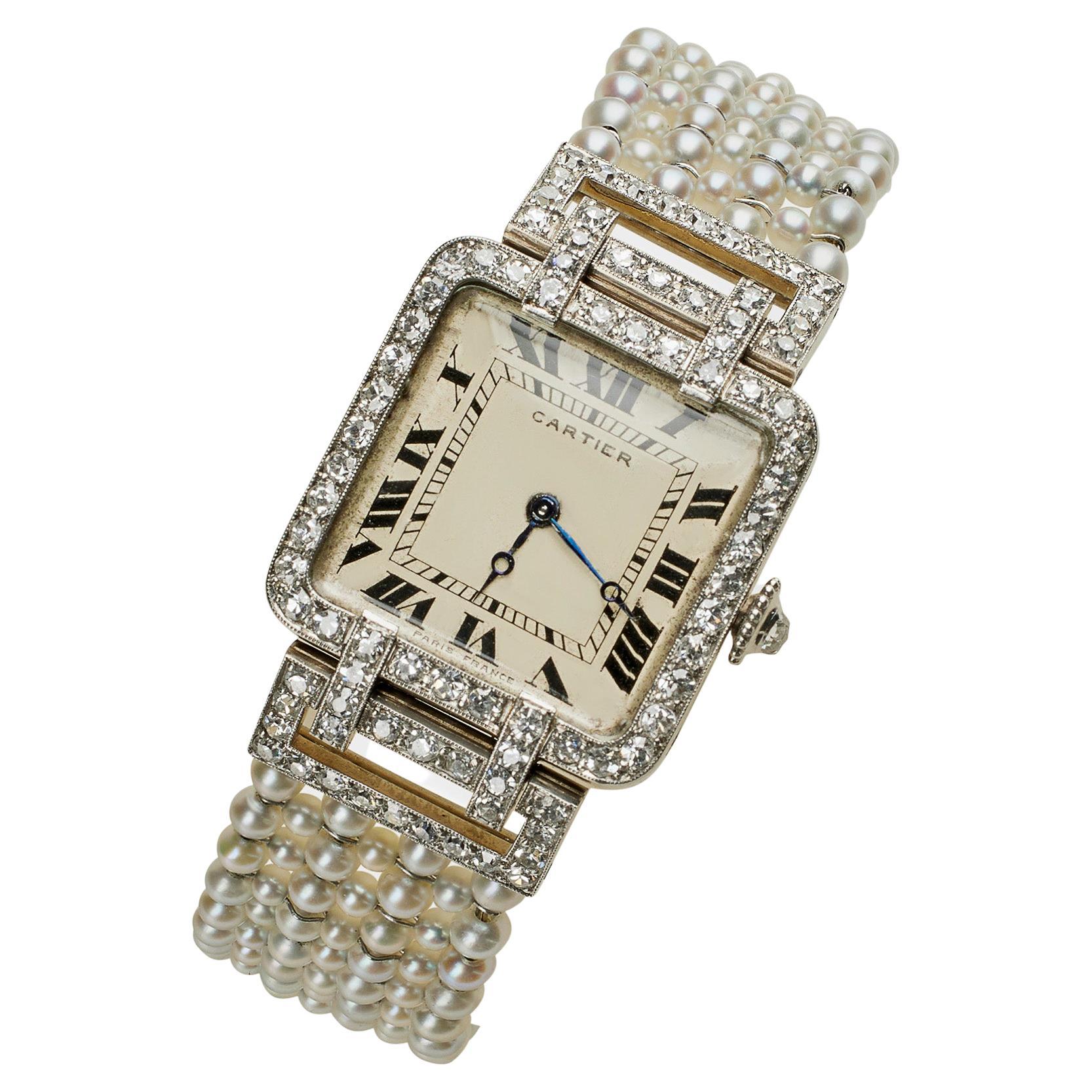Cartier Paris und Edmond Jaeger Saatperlen- und Diamant-Armbanduhr im Angebot