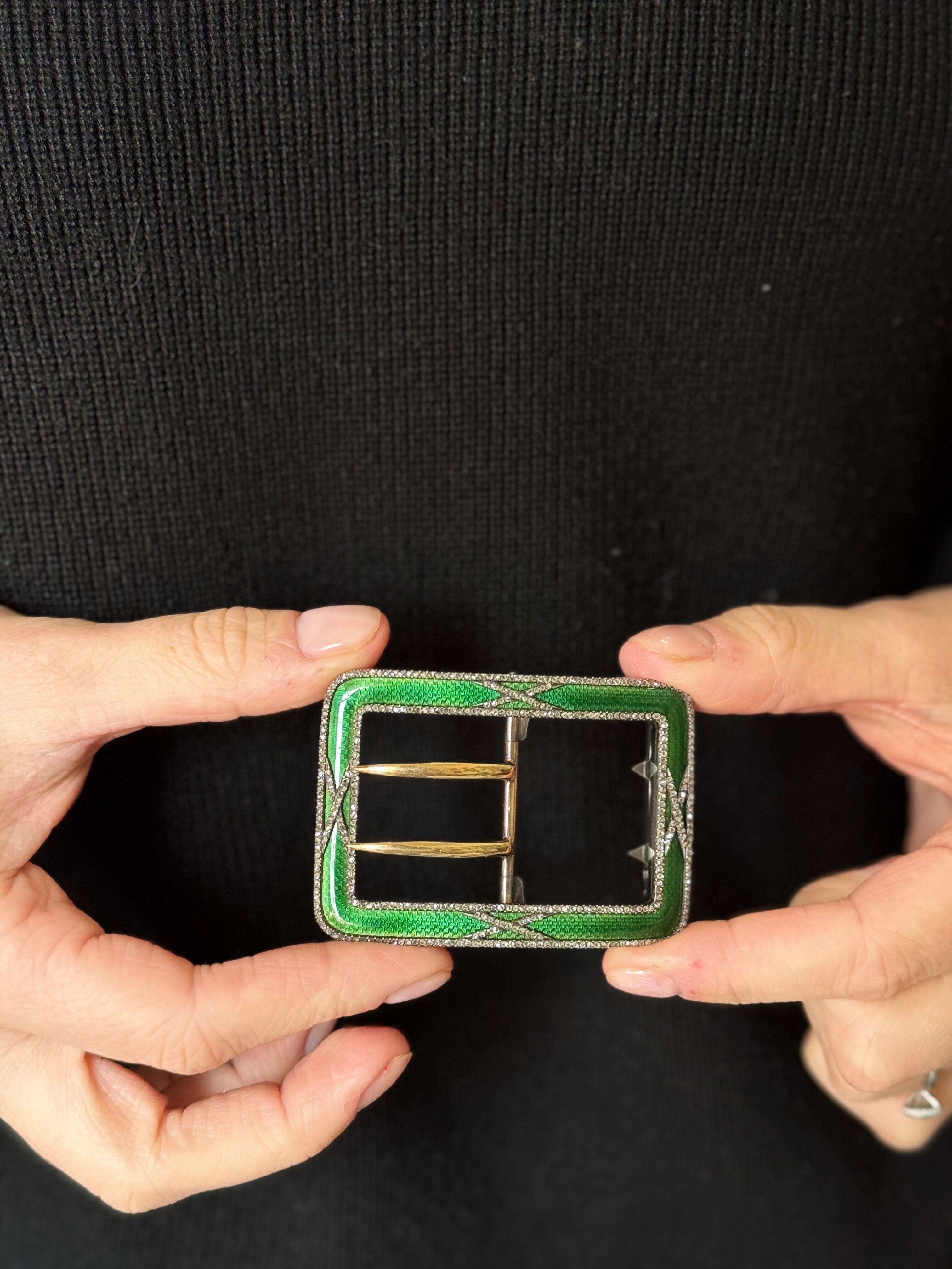 Exquisite antique silver and 18k gold buckle clip by Cartier. Adorned with rose cut diamonds and bright green guilloche enamel. Buckle measures 2 5/8