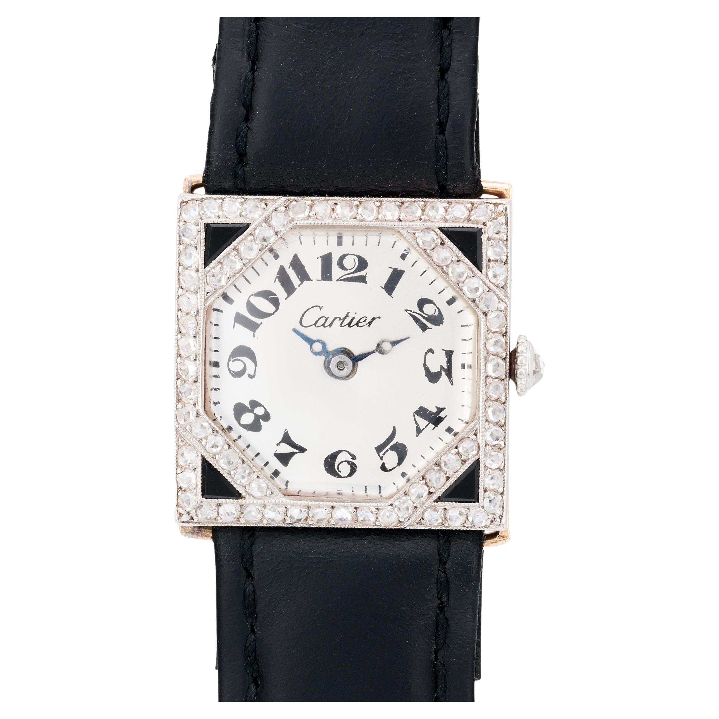 Cartier, Orologio da polso in platino con diamanti e onice Art Deco 1920 di Parigi