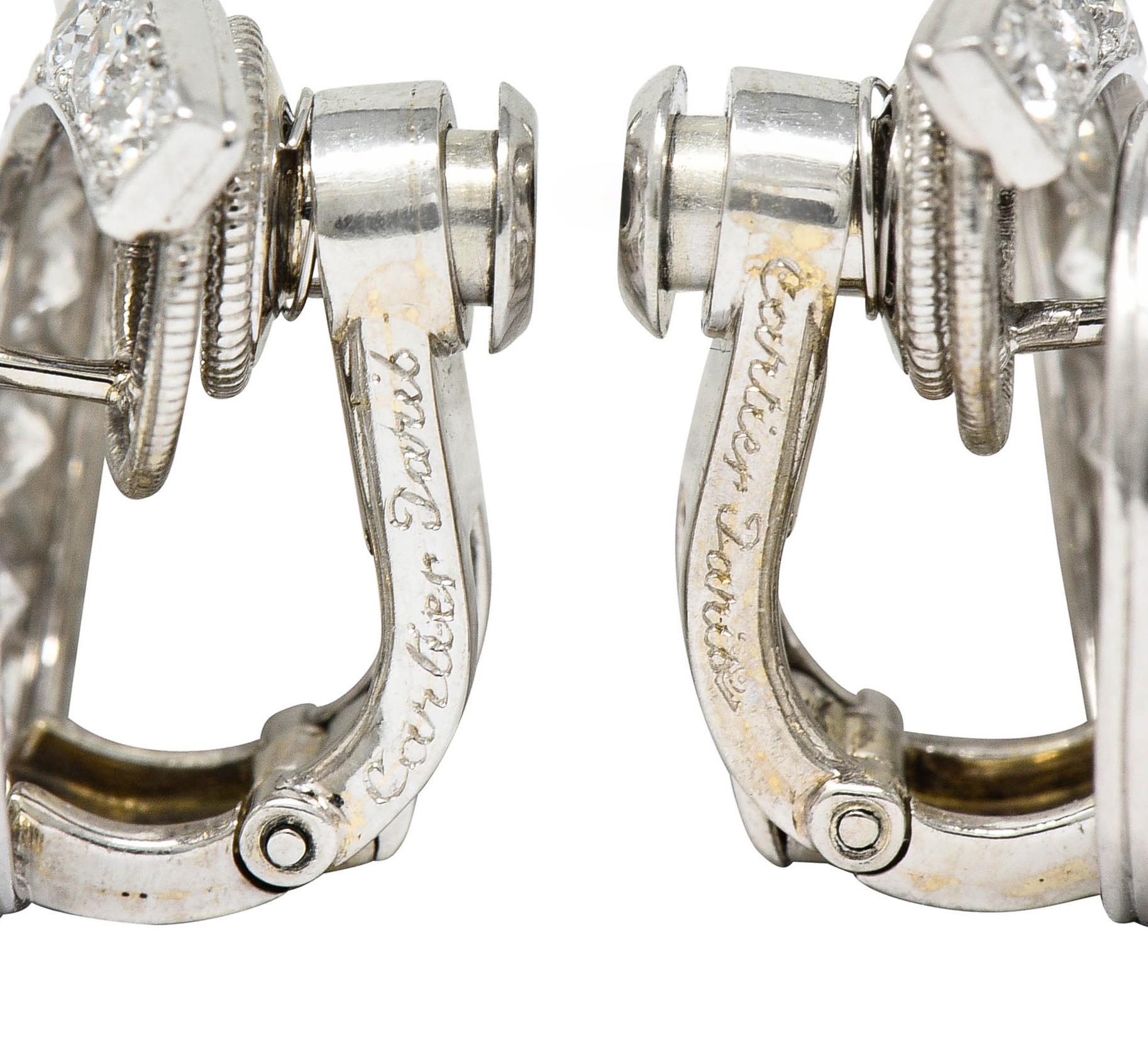Cartier Paris Art Deco 5.00 Carats Diamond Platinum Swirl Earrings, Circa 1930's In Excellent Condition In Philadelphia, PA