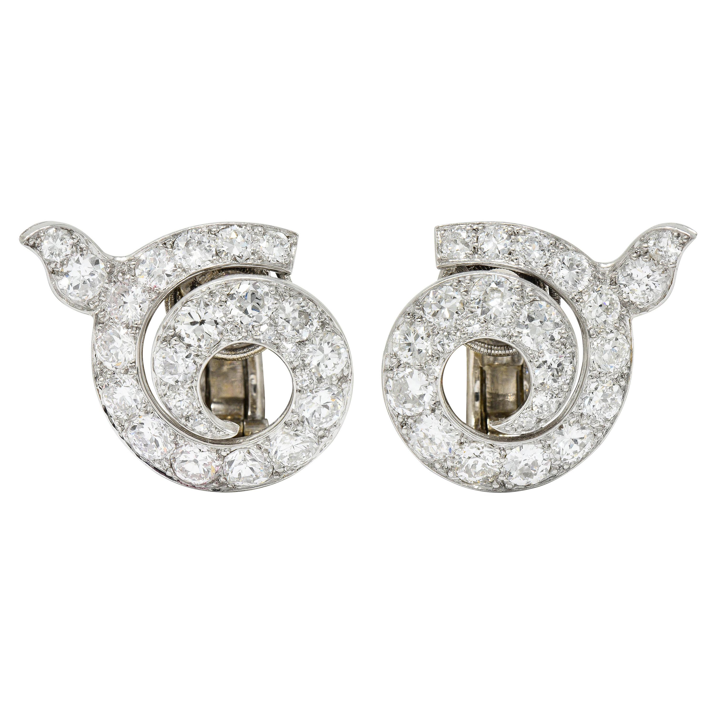 Cartier Paris Art Deco 5.00 Carats Diamond Platinum Swirl Earrings, Circa 1930's