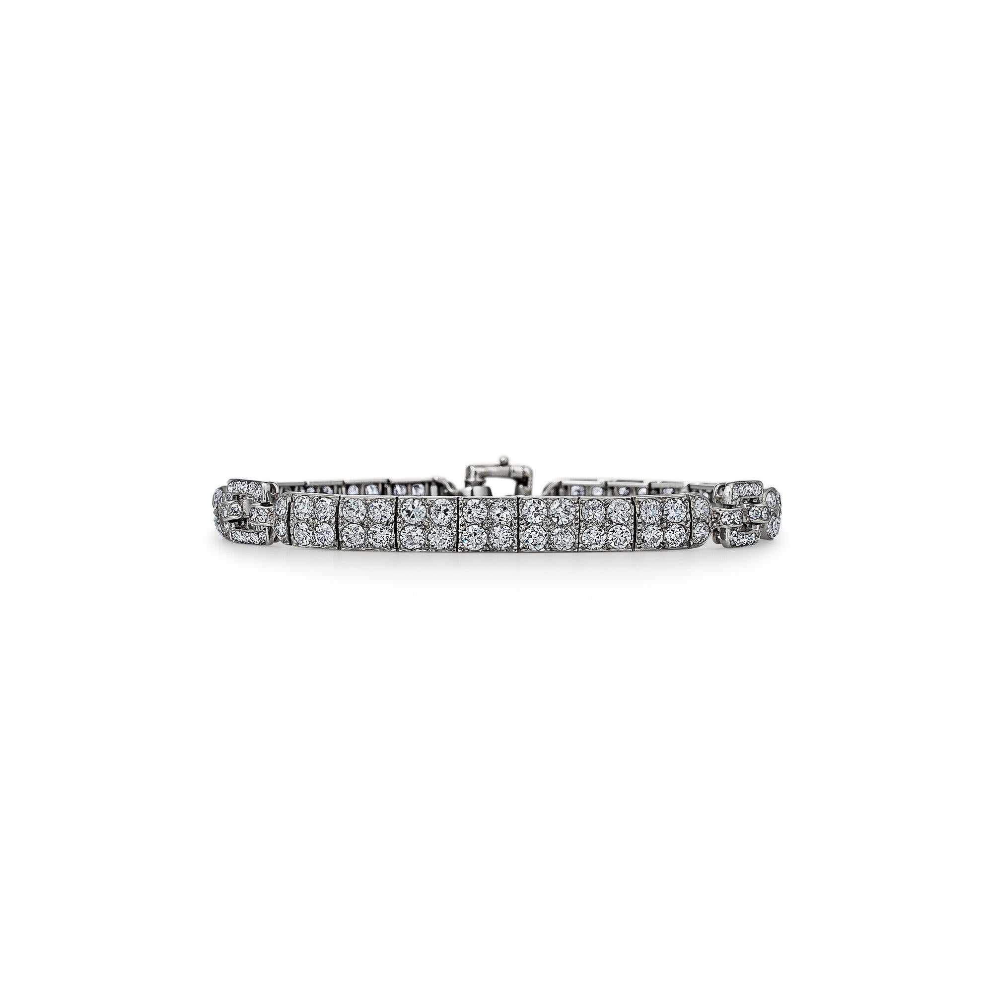 Wearable everyday, this Art Deco diamond platinum bracelet has a powerful timeless spirit and a modern casual feel.  With a total of approximately 6.75 carats of shimmering single cut round diamonds, this collectible bracelet was designed with a