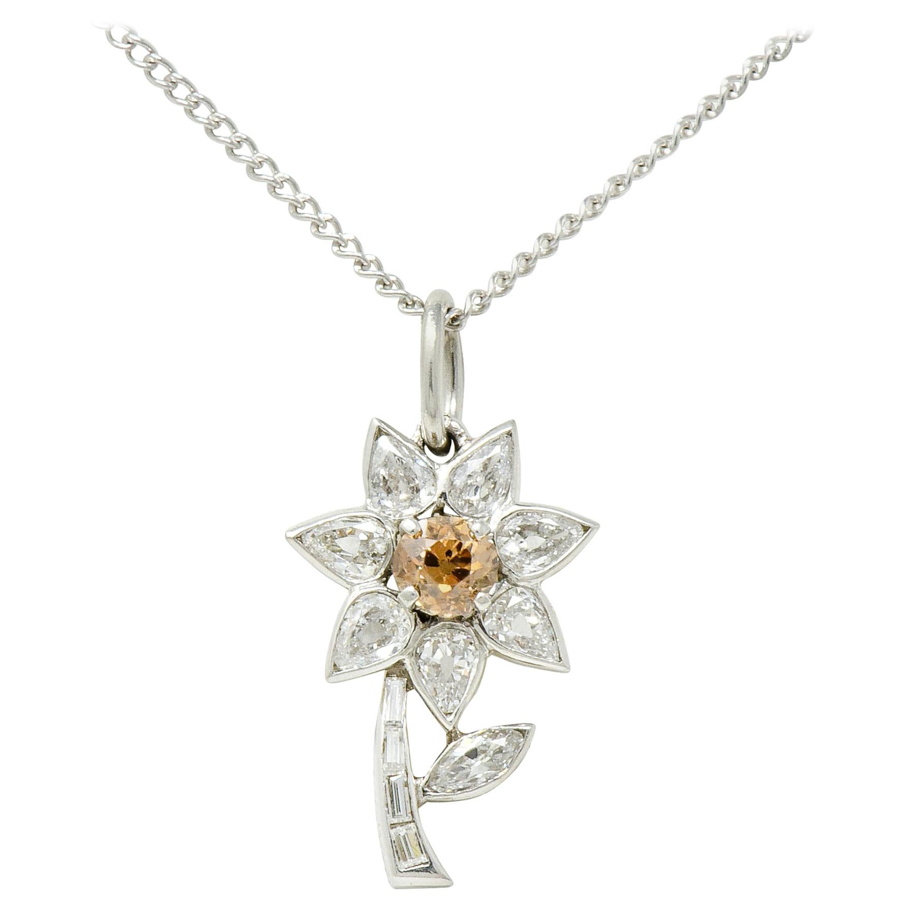 Cartier Paris Art Deco Diamond Platinum Flower Pendant Necklace