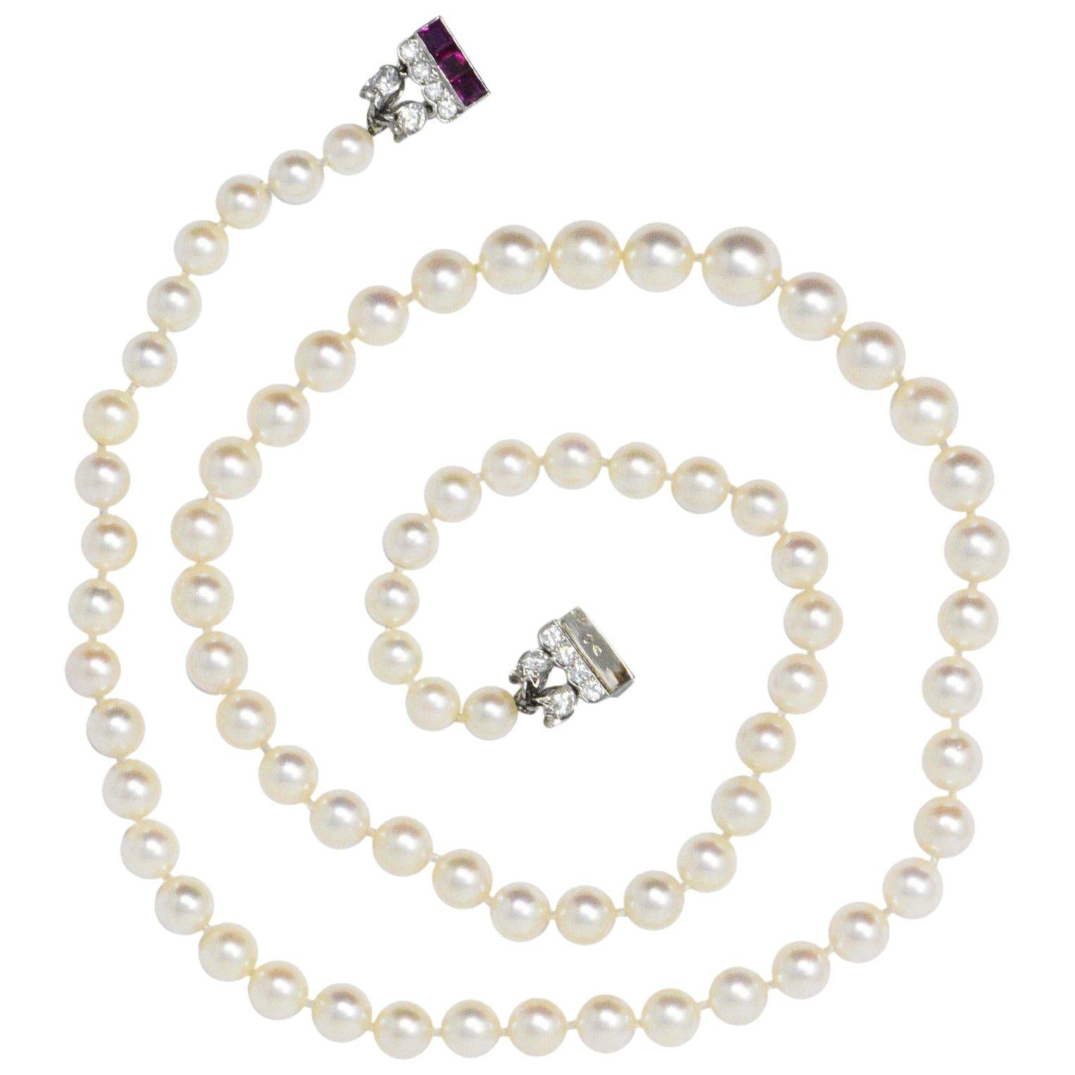 Cartier Paris Art Deco Diamond Ruby Platinum Cultured Pearl Strand Necklace