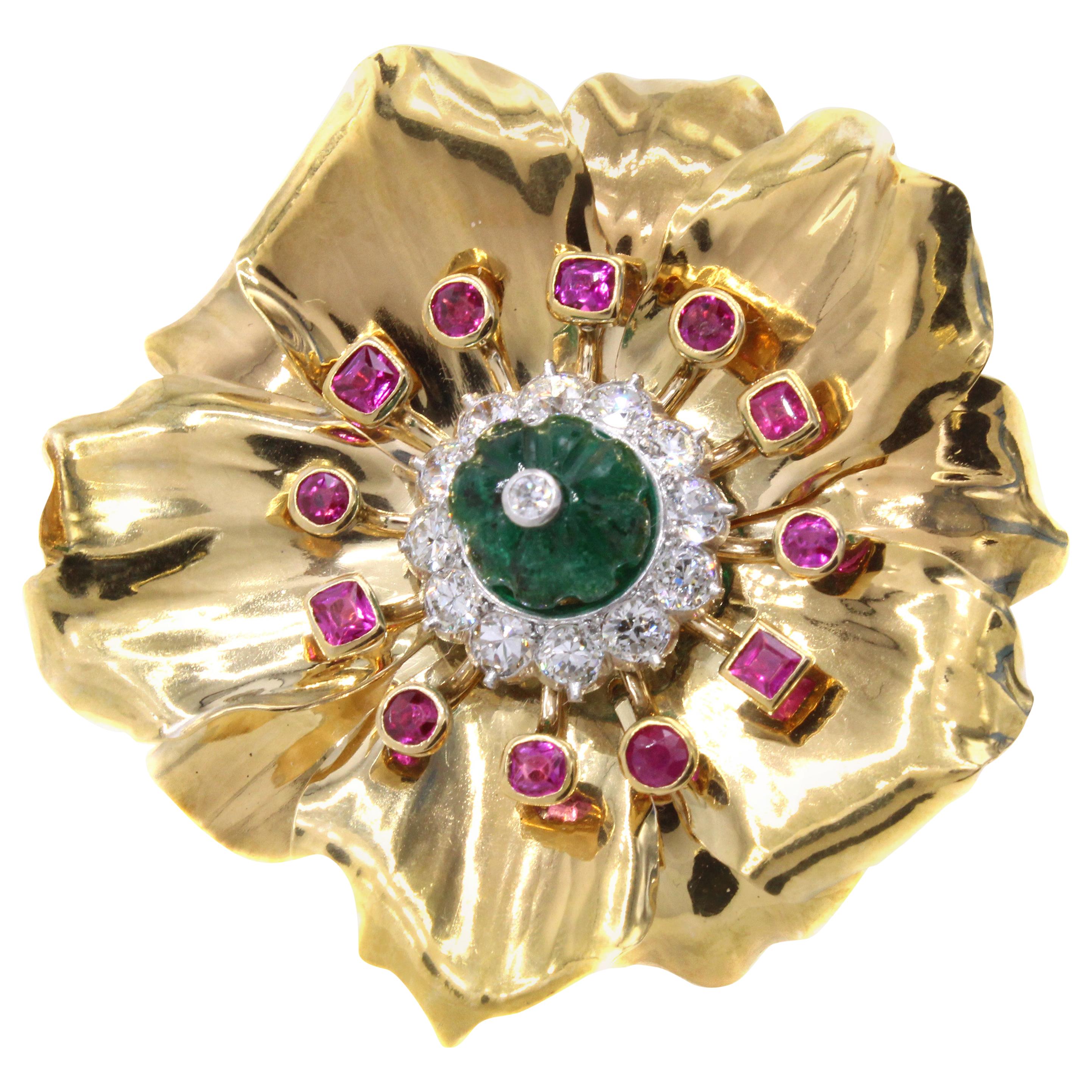 Cartier Paris Art Deco Emerald Ruby Diamond Flower Brooch