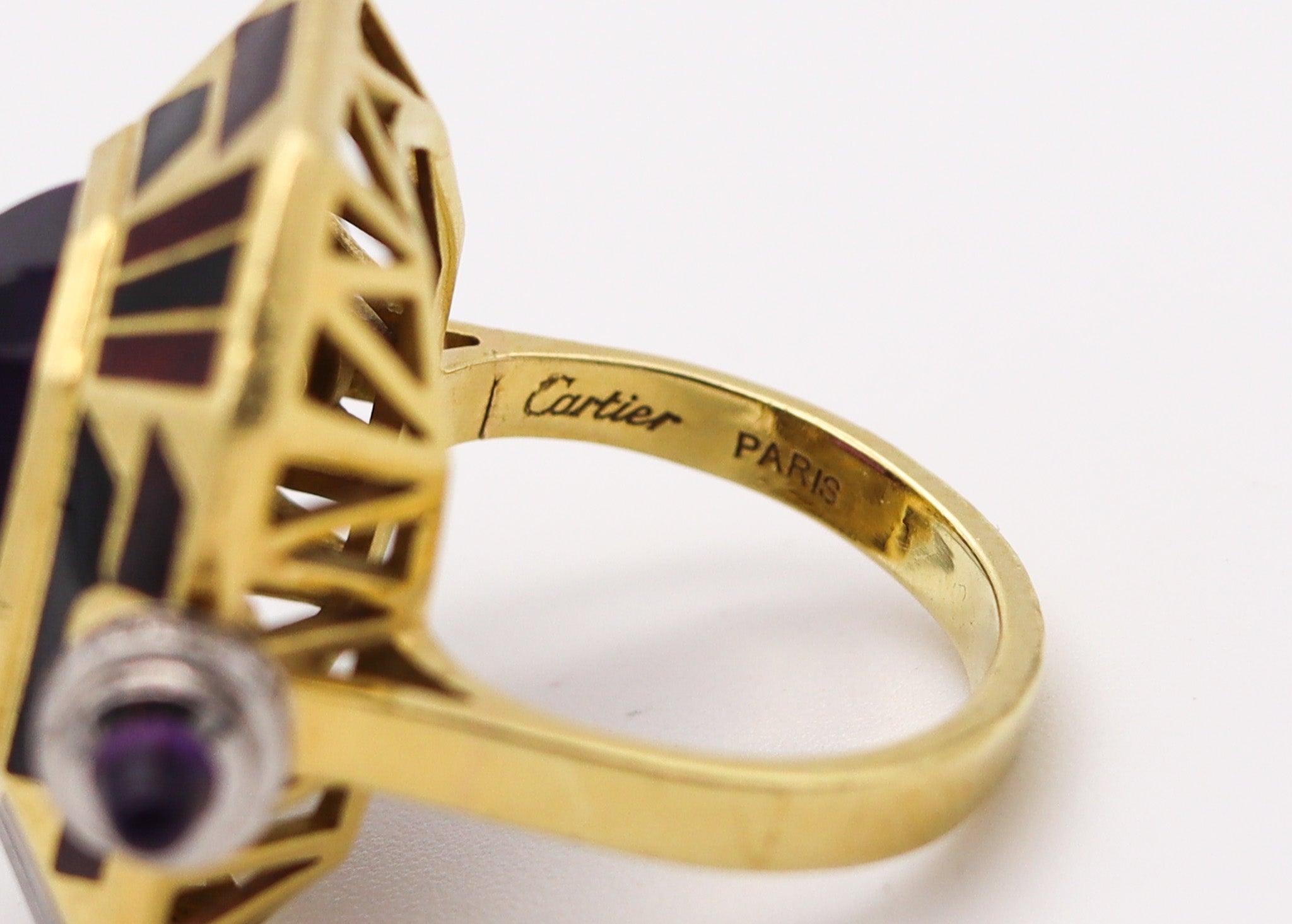 CARTIER Paris Art Deco Enameled Cocktail Ring 18Kt Gold With Diamonds & Gemstone For Sale 2