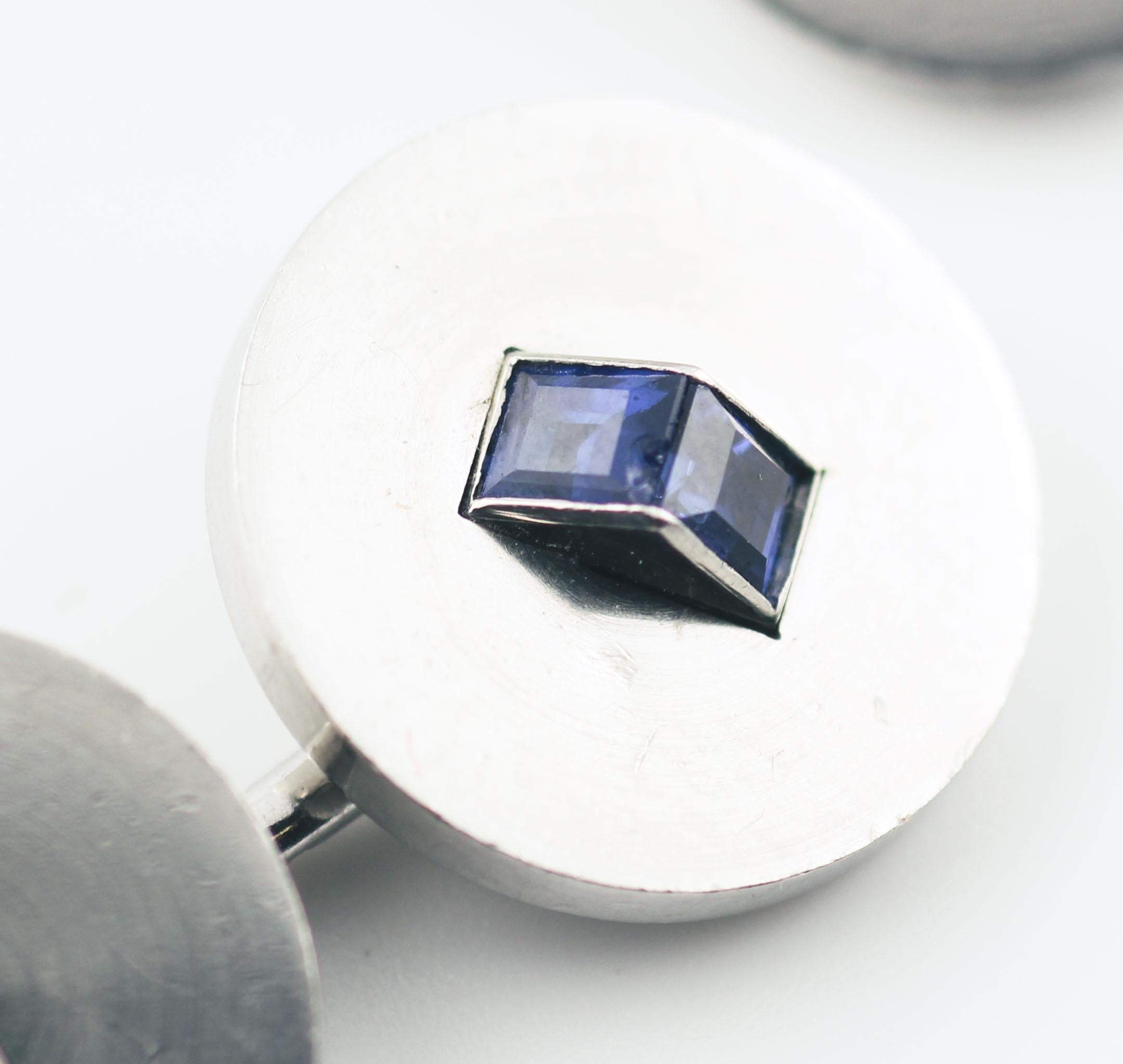 Men's Cartier Paris Art Deco Sapphire Platinum Cufflinks Stud Dress Set For Sale