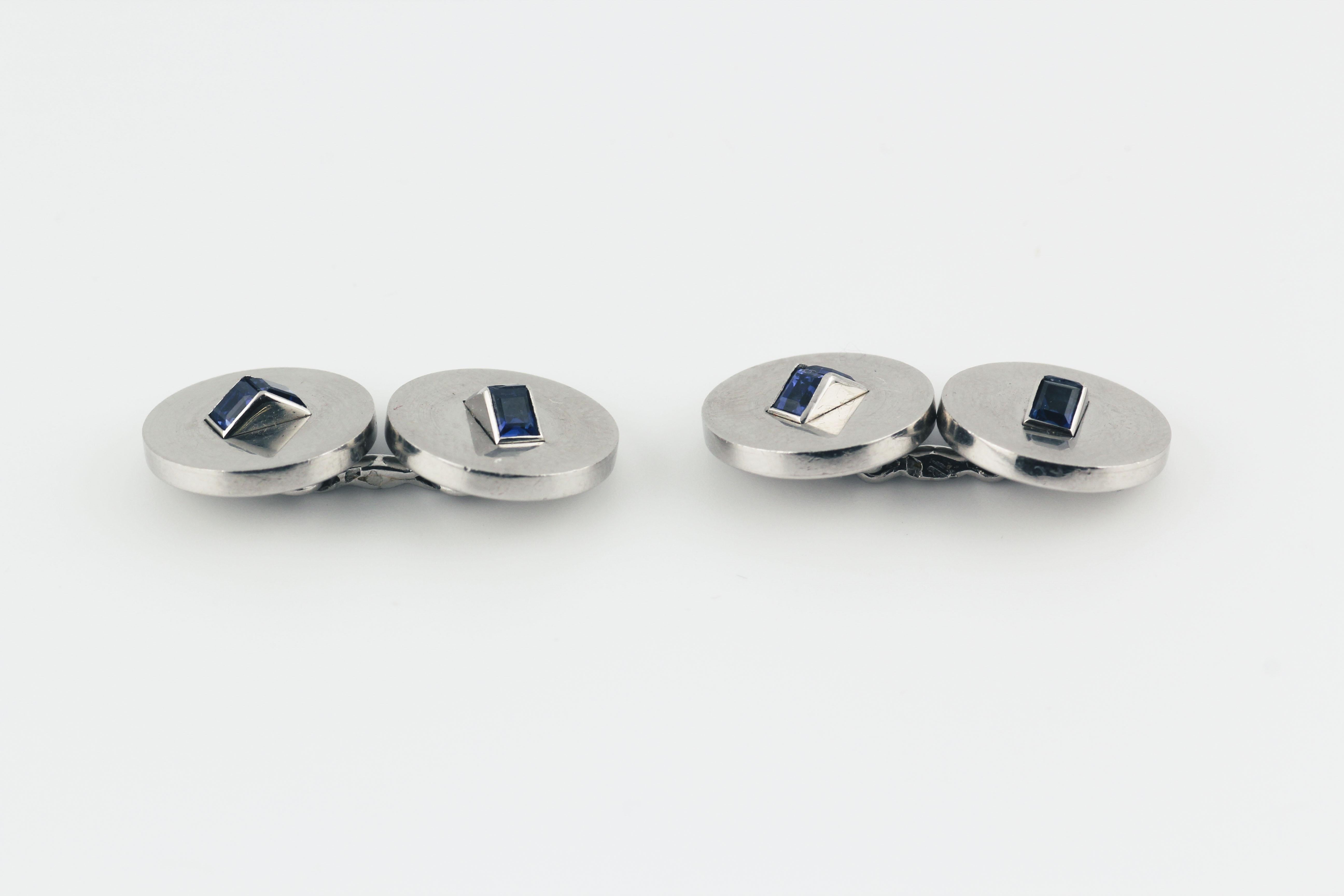 Cartier Paris Art Deco Sapphire Platinum Cufflinks Stud Dress Set For Sale 1