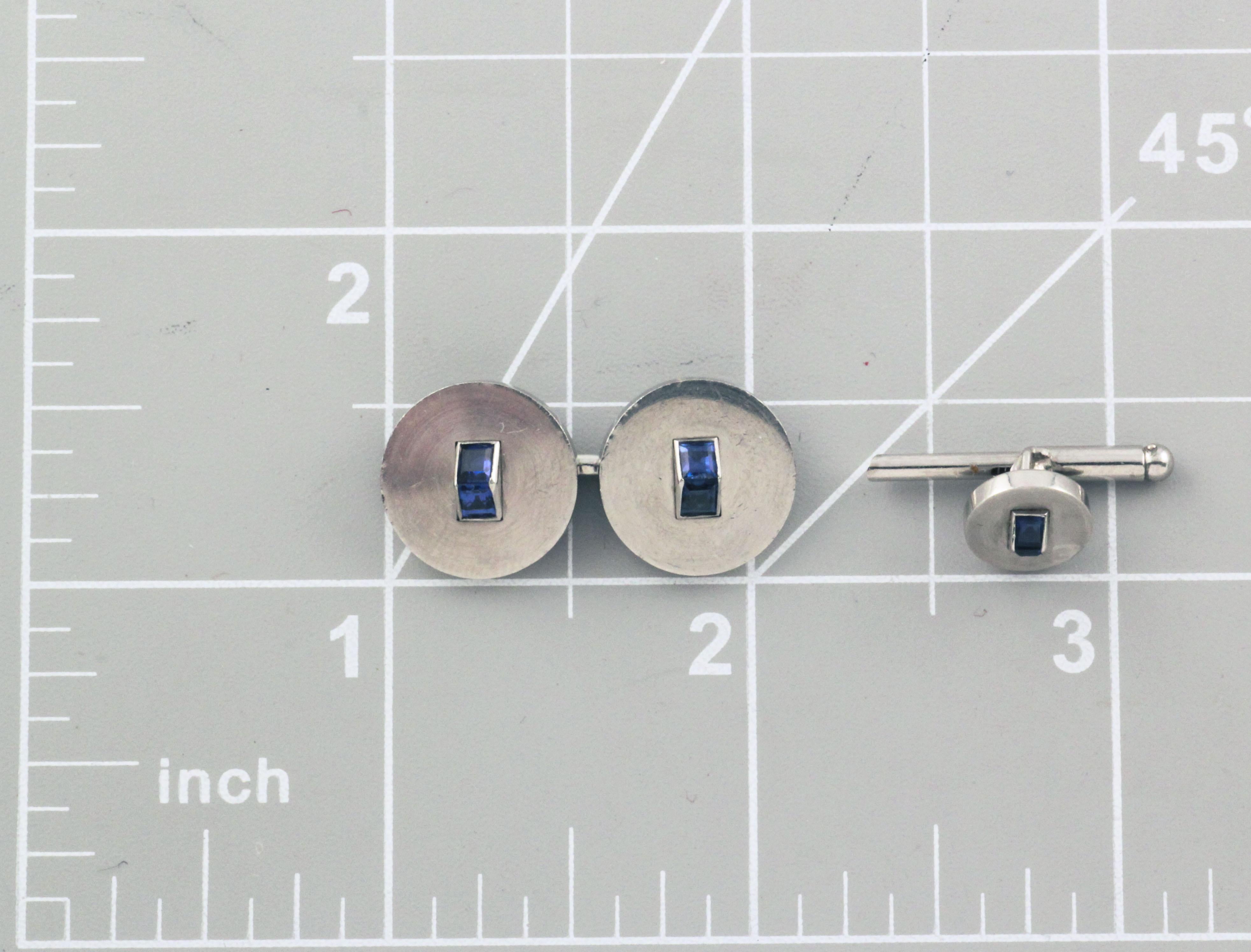 Cartier Paris Art Deco Sapphire Platinum Cufflinks Stud Dress Set For Sale 4
