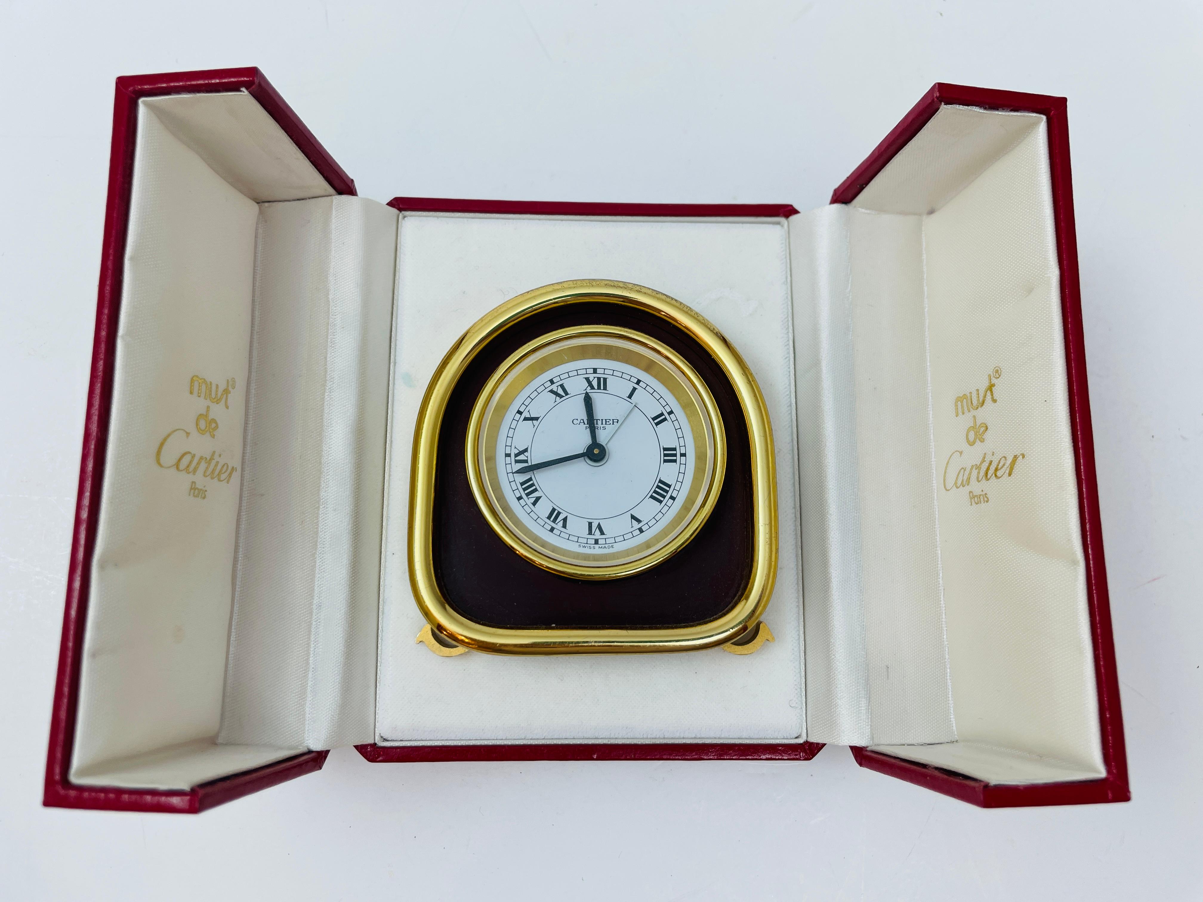 Cartier Paris Art Deco Travel Desk Clock 24-Karat Gold-Plated For Sale 6
