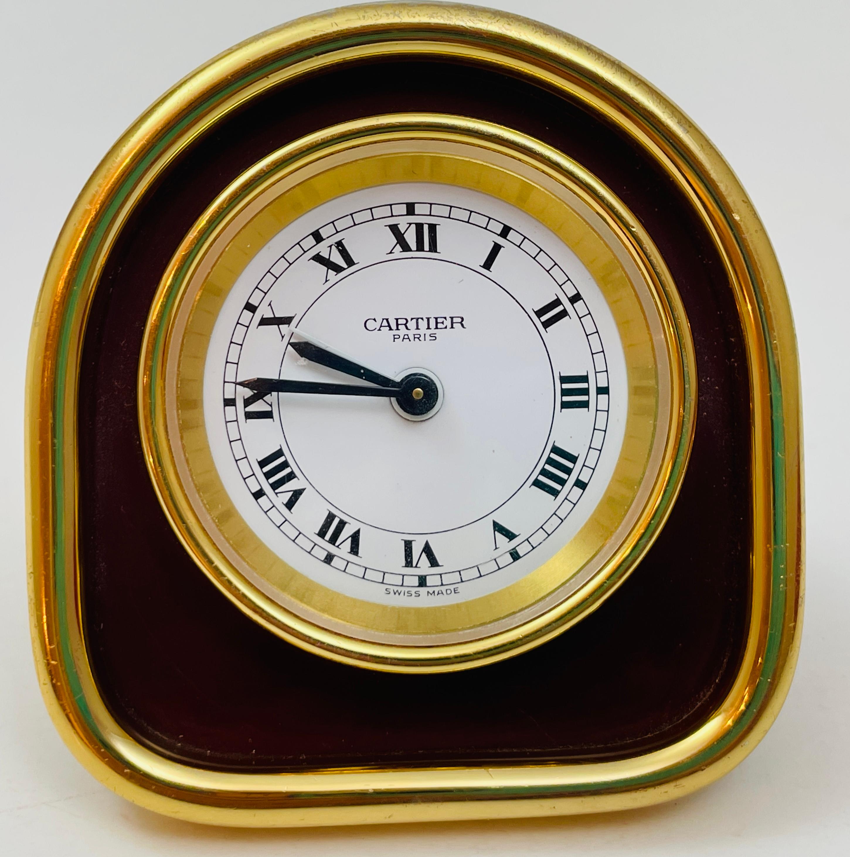 Ball Cut Cartier Paris Art Deco Travel Desk Clock 24-Karat Gold-Plated For Sale