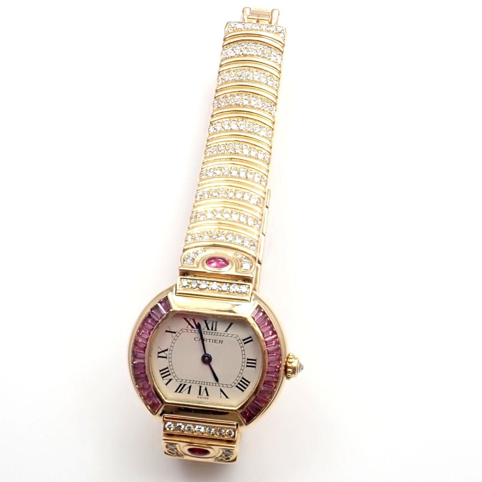 Cartier Paris Baignoire Ladies Diamond Pink Sapphire Yellow Gold Watch 8